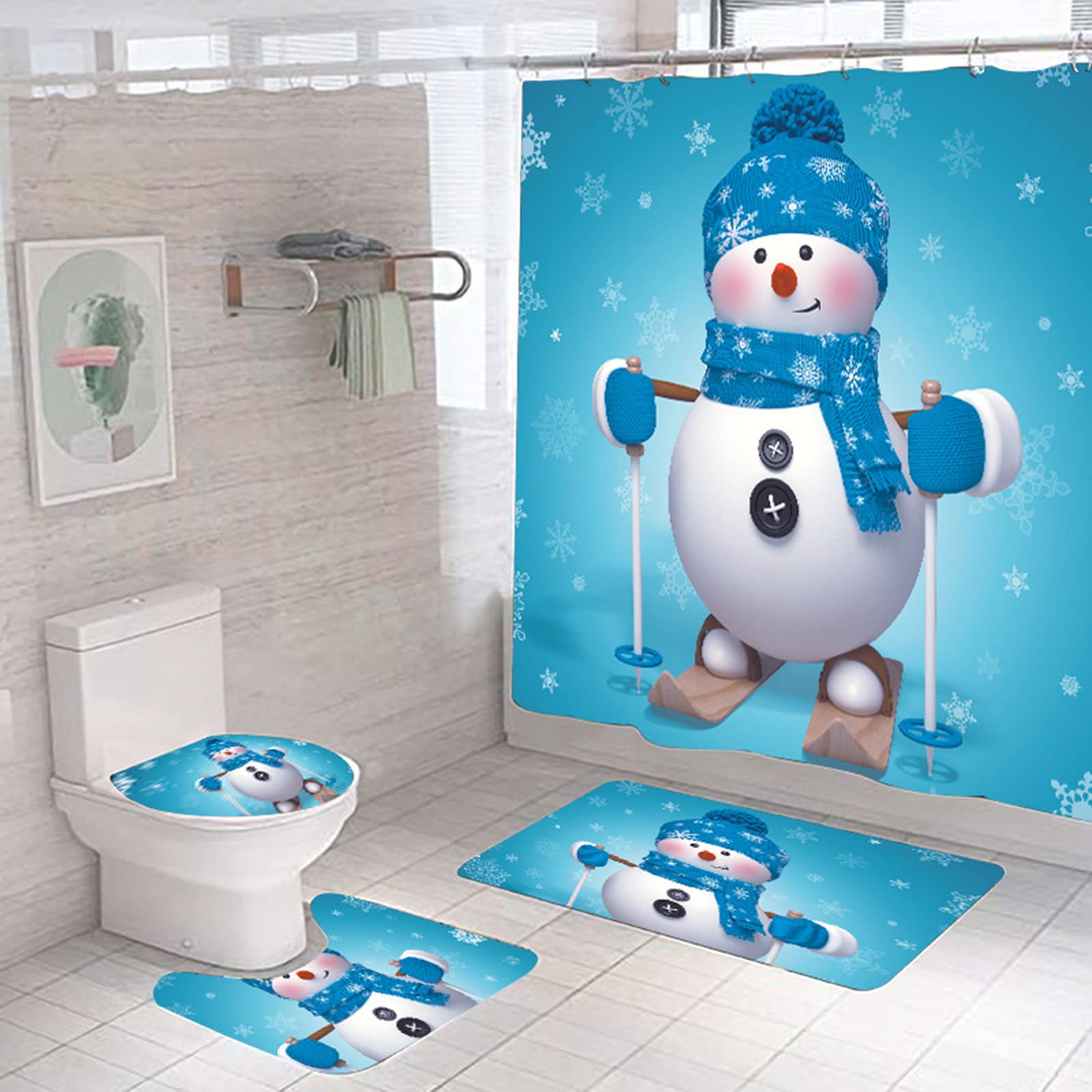 OKYUK Christmas Bathroom Set Shower Curtain Sets with 12 Hooks Soft Non-Slip Bath Mat Toilet U-Shaped Floor Mat and Toilet Lid Cover Mat for Bathroom Decor (Snowman Skiing)