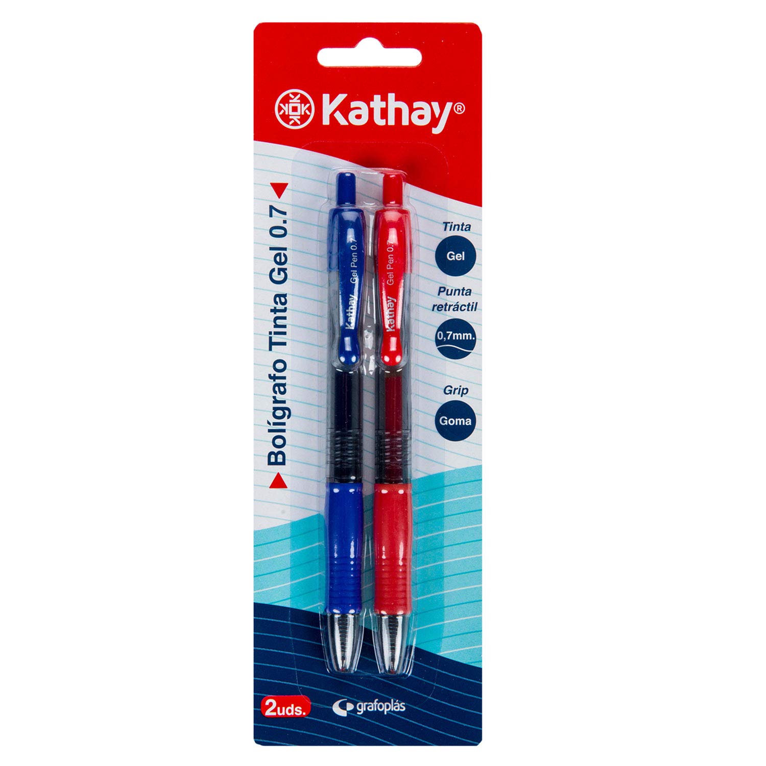 Kathay 86210598. Pack de 2 Bolígrafos de Gel, Color Azul y Rojo, Punta 0,7, Cierre en Clic, Perfectos como Material Escolar
