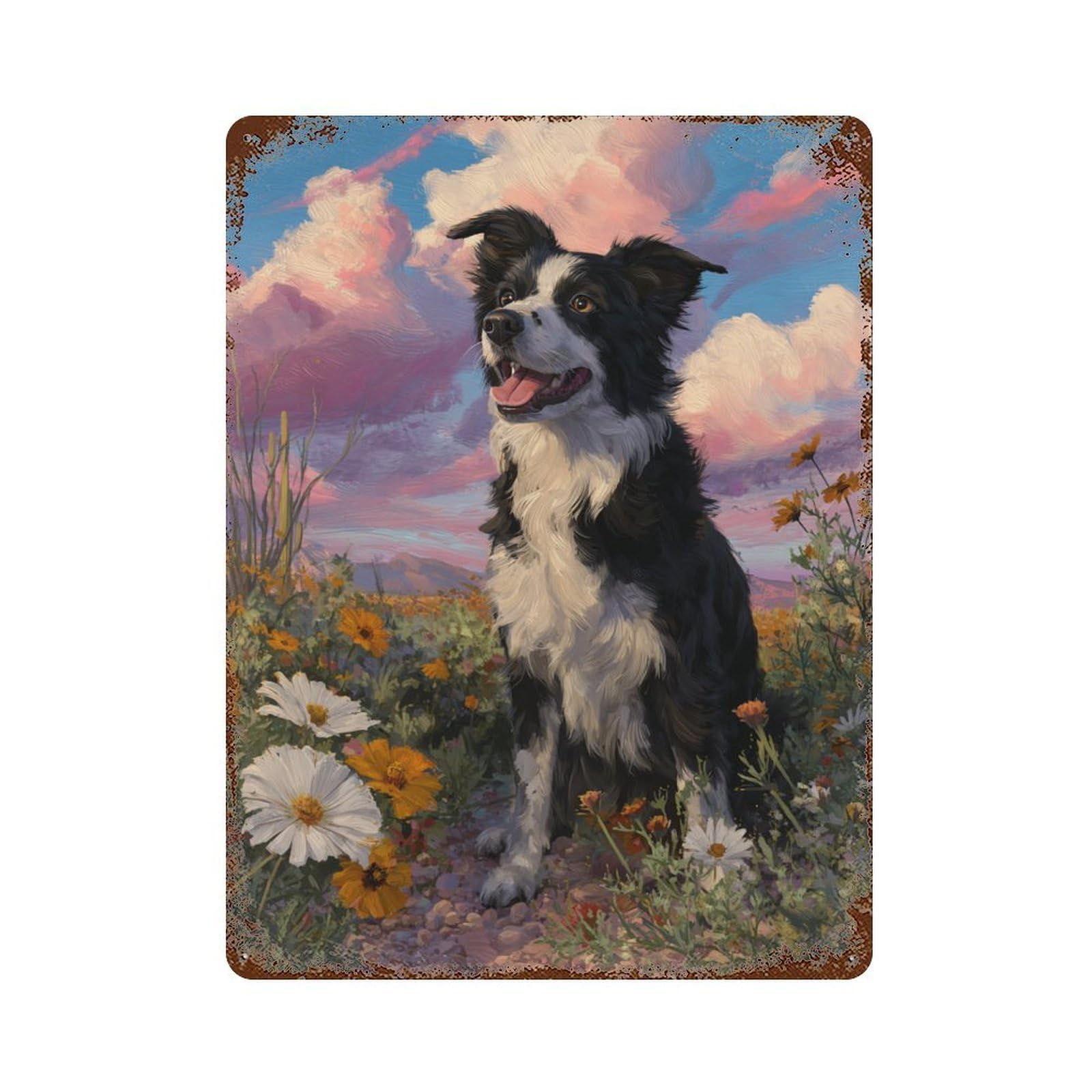 Border Collie in Wildflowers Rusty Metal Tin Sign 15.7"x11.8", Vintage Wall Decor for Garage, Pub Or Kitchen