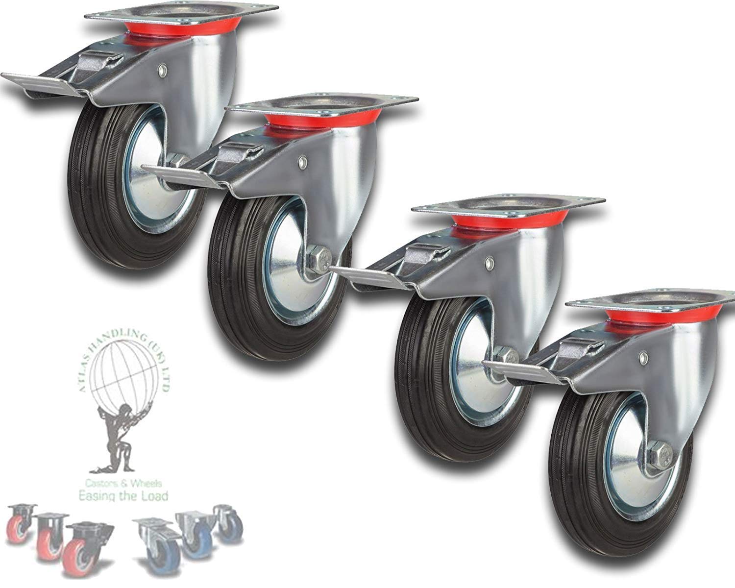 200mm Heavy Duty Trolley Castor Set 8 inch Braked Caster x 4