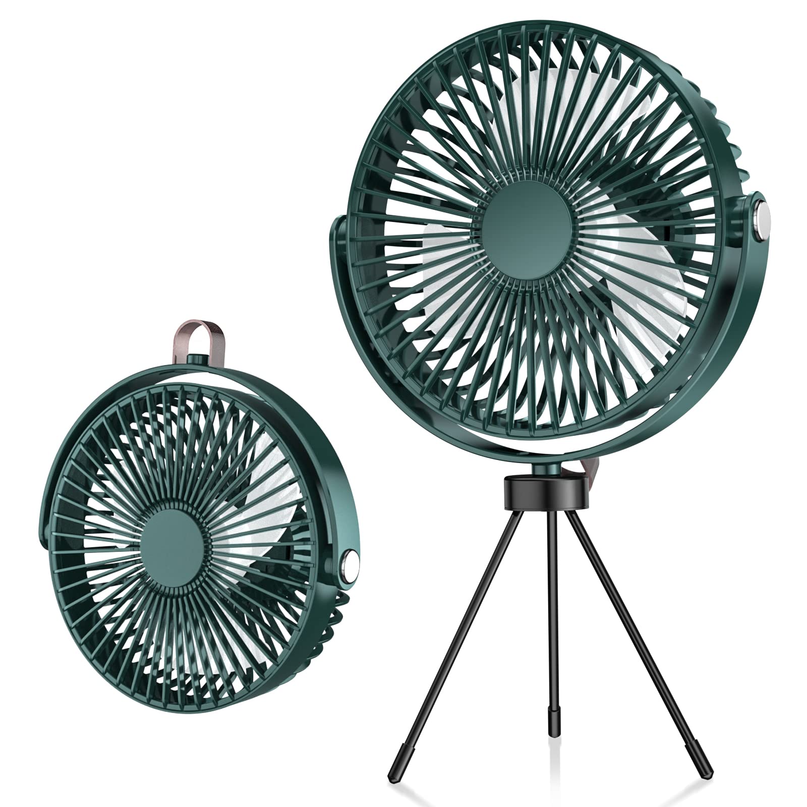 Wastou Camping Fan with Light, USB Rechargeable Portable Desk Fan, 6 Inch Battery Operated fan with Loop and Tripod, 3-Speed, 360° Rotation- for Office, Travel, Bedroom (5000mAh)