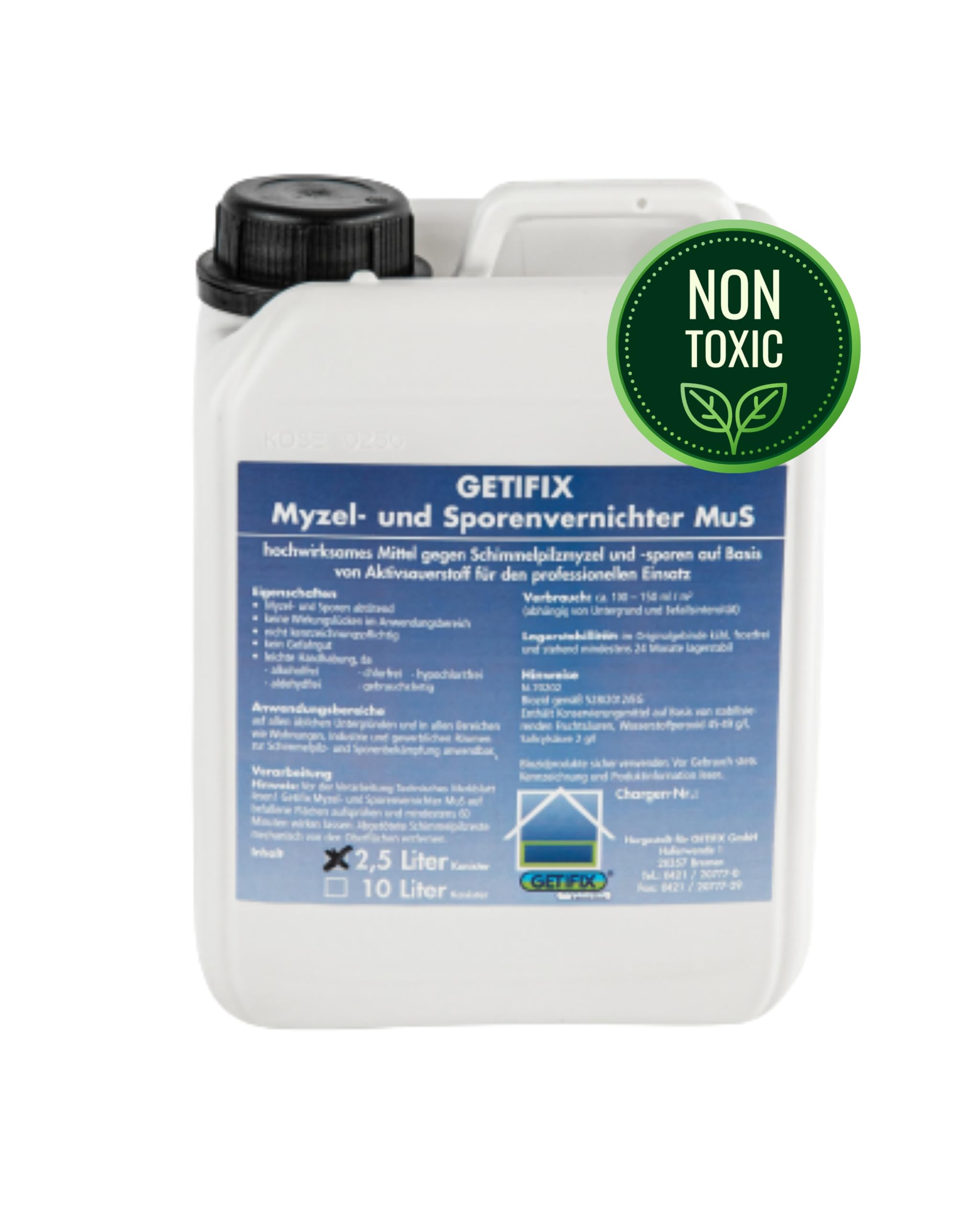 Schimmelentferner MuS PROFI, chlorfrei und auf Basis von Aktivsauerstoff, effektiv für Wand, Tapete, Bad, Fugen, Decke, Beton, Fassaden uvm. (2,5 L Kanister)
