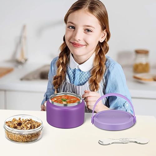 Miniatura 7 de Tarro de comida 2 en 1 con doble aislamiento térmico de sopa de 8 onzas con contenedor de aperitivos, termo para niños para comida caliente,