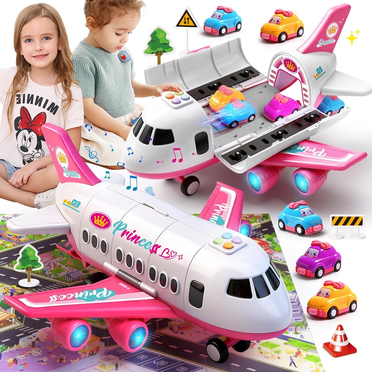 Pink Airplane Toy with Princess Cars and Play Mat,Plane with Lights and Sounds for 2 3 4 5 6 7 Year Old Toddler Girls,Birthday Gift Idea for Kids