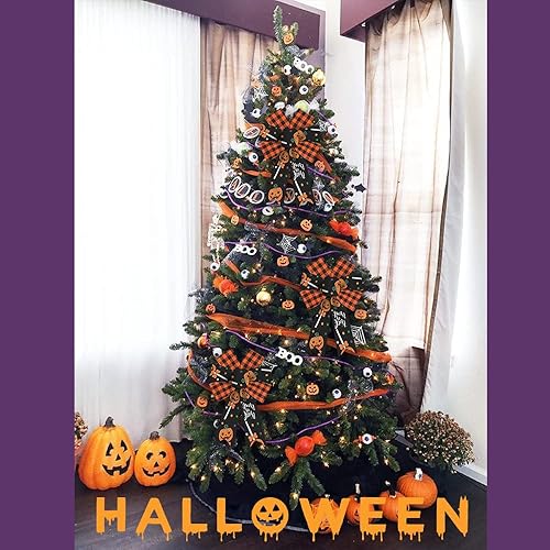 Miniatura 3 de 2 lazos de corona de Halloween, lazos a cuadros de búfalo naranja y negro para corona, lazos rústicos de truco o golosina, para puerta delantera,