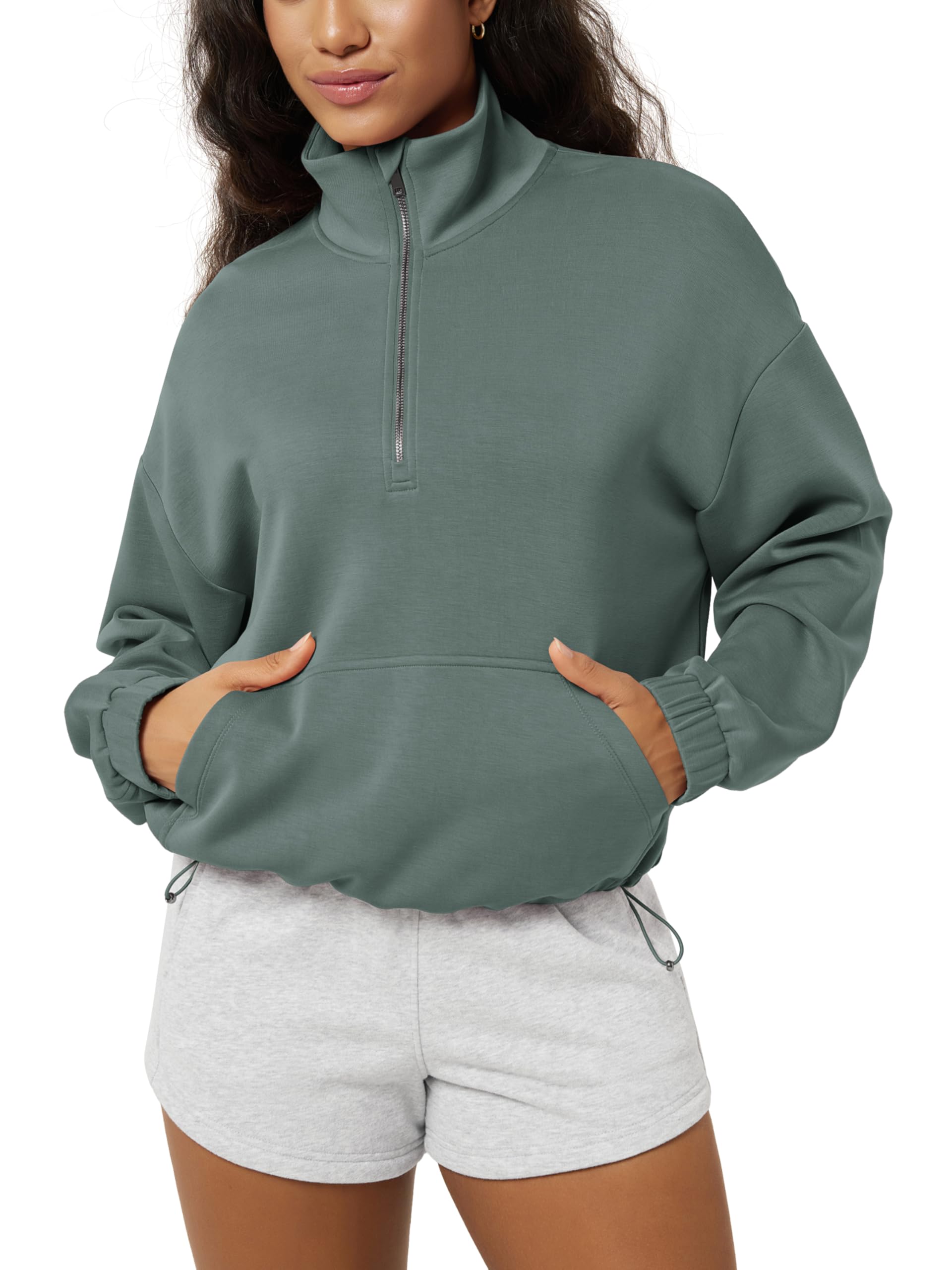 ododos Women's Modal Soft Cinchable Sweatshirts Half Zipper Funnel Neck Oversize Pullover with Pockets-picture-47