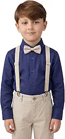 Conjunto Infantil Elegante, Camisa Azul Marinho com Gravata Borboleta, Suspensório e Calça Bege