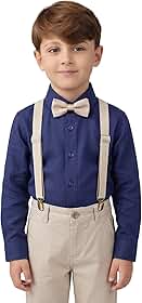 Conjunto Infantil Elegante, Camisa Azul Marinho com Gravata Borboleta, Suspensório e Calça Bege