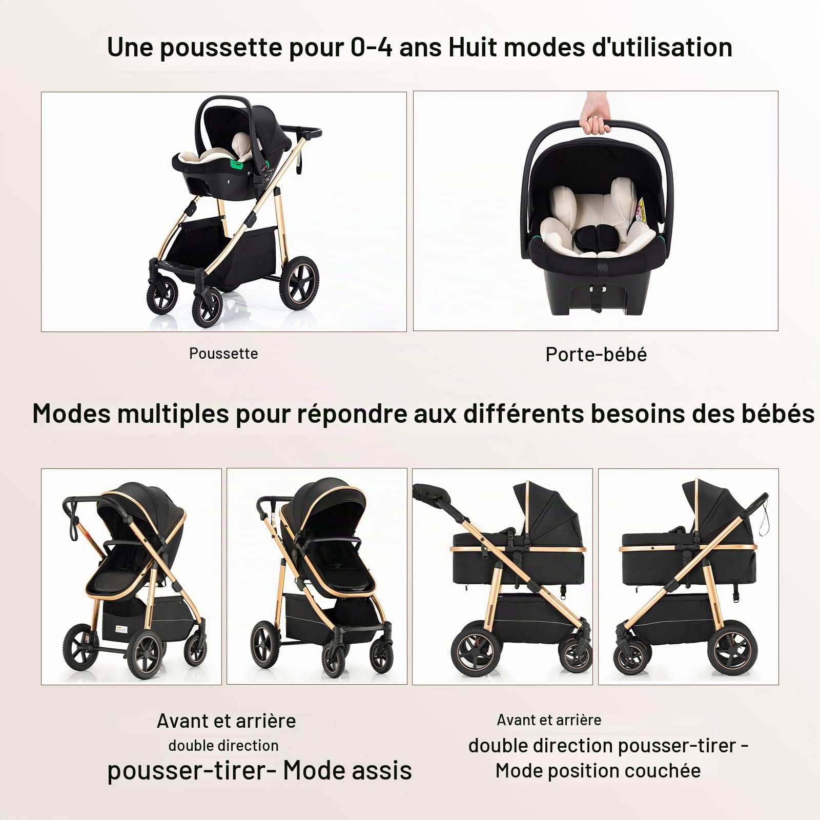 Zkipm Poussette 3 en 1 SystèMe de Voyage, Landau avec SièGe, Poussette pliable et modulable, Cadre en Alliage D'Aluminium, Adapté aux BéBéS de 0 à 4 Ans