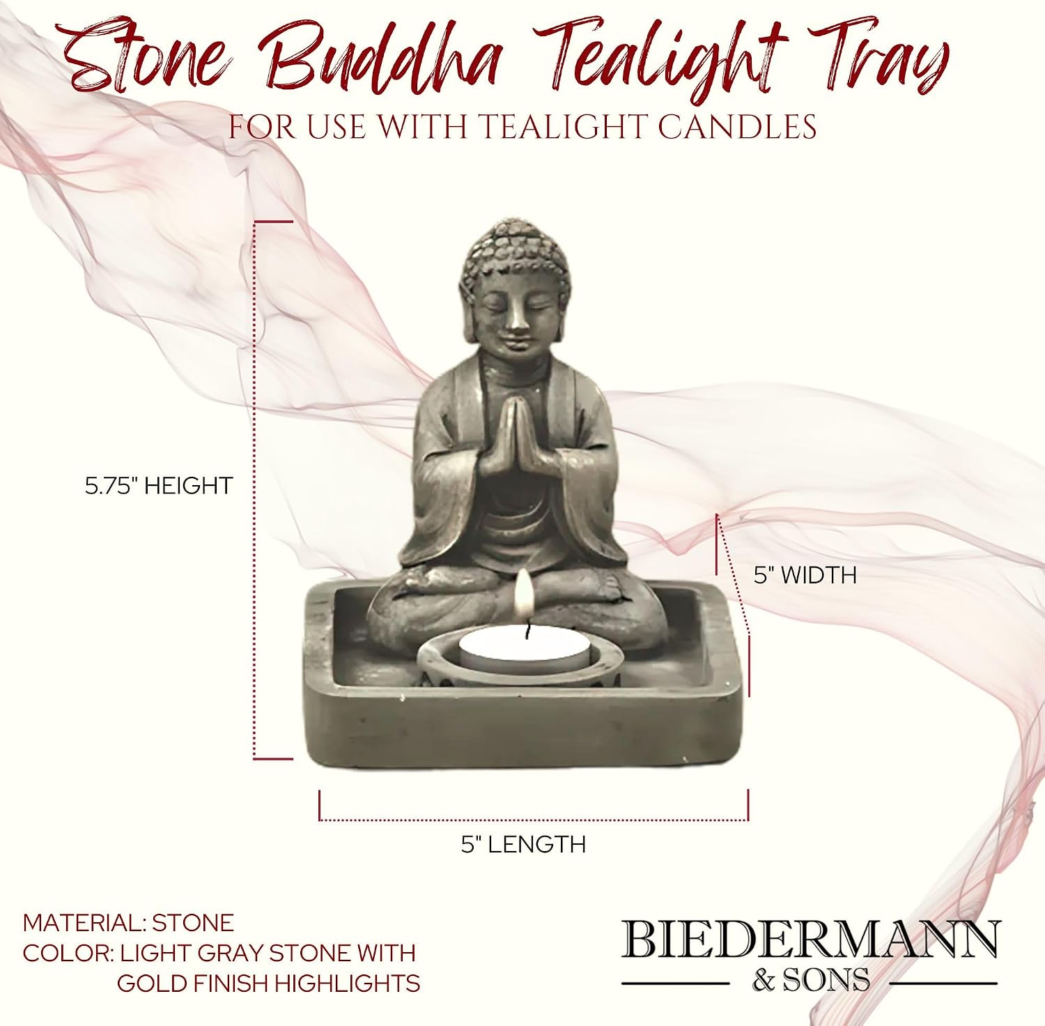Biedermann & Sons Stone Buddha Tray Tea Light Holder, Light Gray with Gold Highlights, 5 x 5 Inch Base, 5.75 Inch Tall, Decorative Tealight Accent for Calm Home Decor