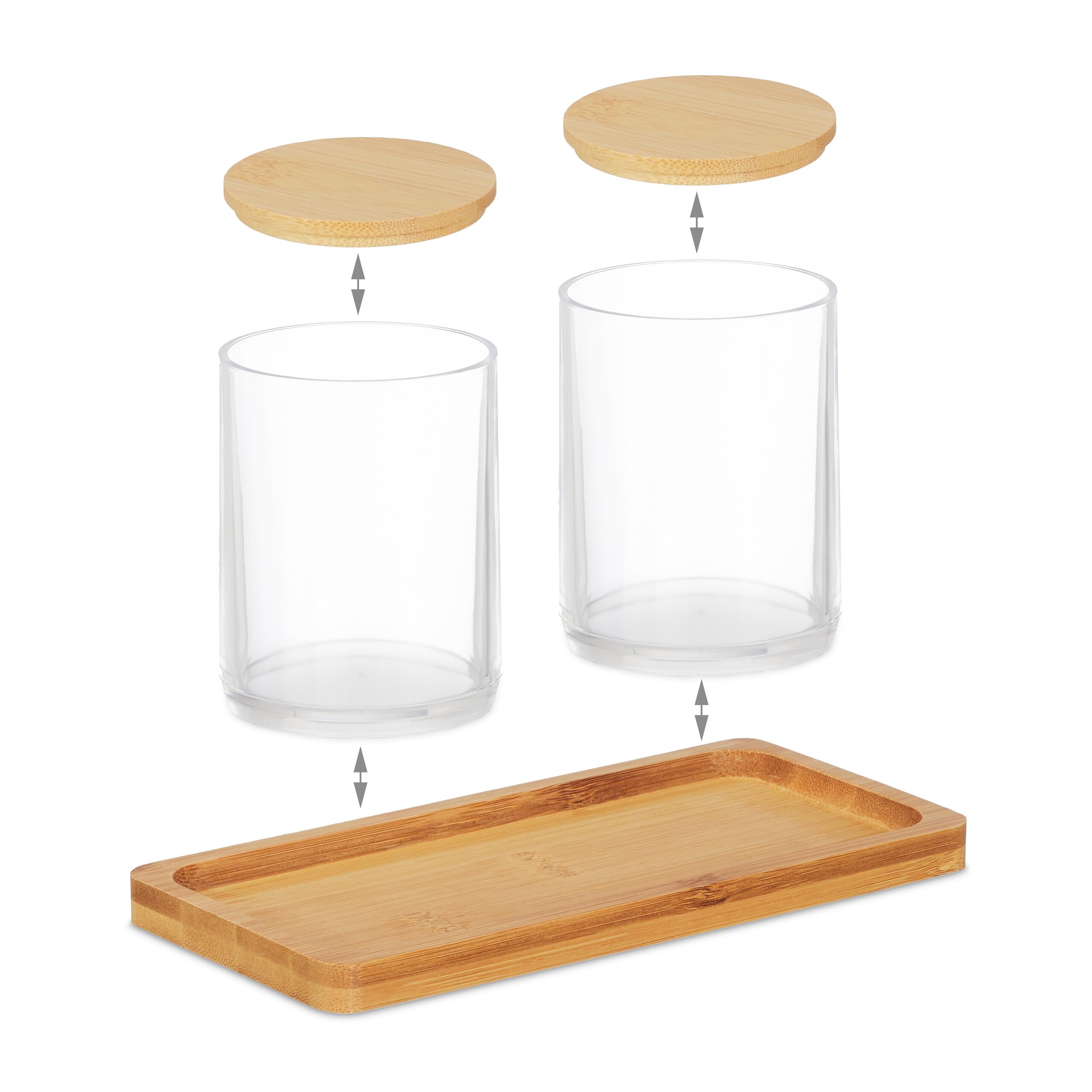 Relaxdays Wattestäbchenbehälter mit Tablett, 2 Becher m. Deckel, Kosmetik Organizer Kunststoff/Bambus, transparent/natur, Durchsichtig, Clear, Natural (Packung mit 4)