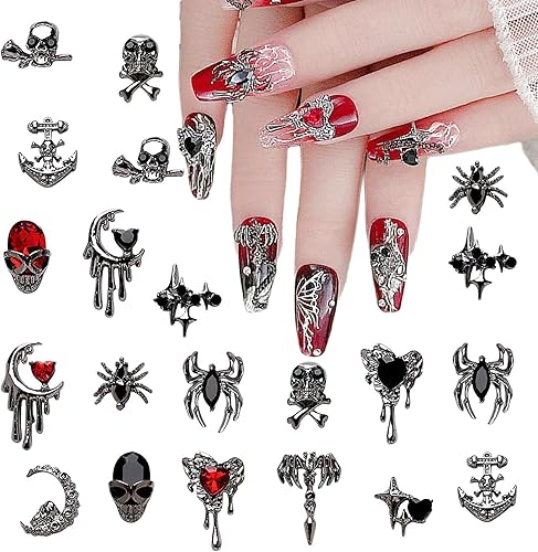 22 dijes de uñas de Halloween de aleación 3D, dijes de arte de uñas 3D, diamantes de imitación negros y rojos, suministros de uñas, esqueleto,