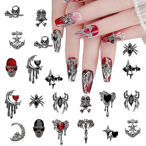 22 dijes de uñas de Halloween de aleación 3D, dijes de arte de uñas 3D, diamantes de imitación negros y rojos, suministros de uñas, esqueleto,
