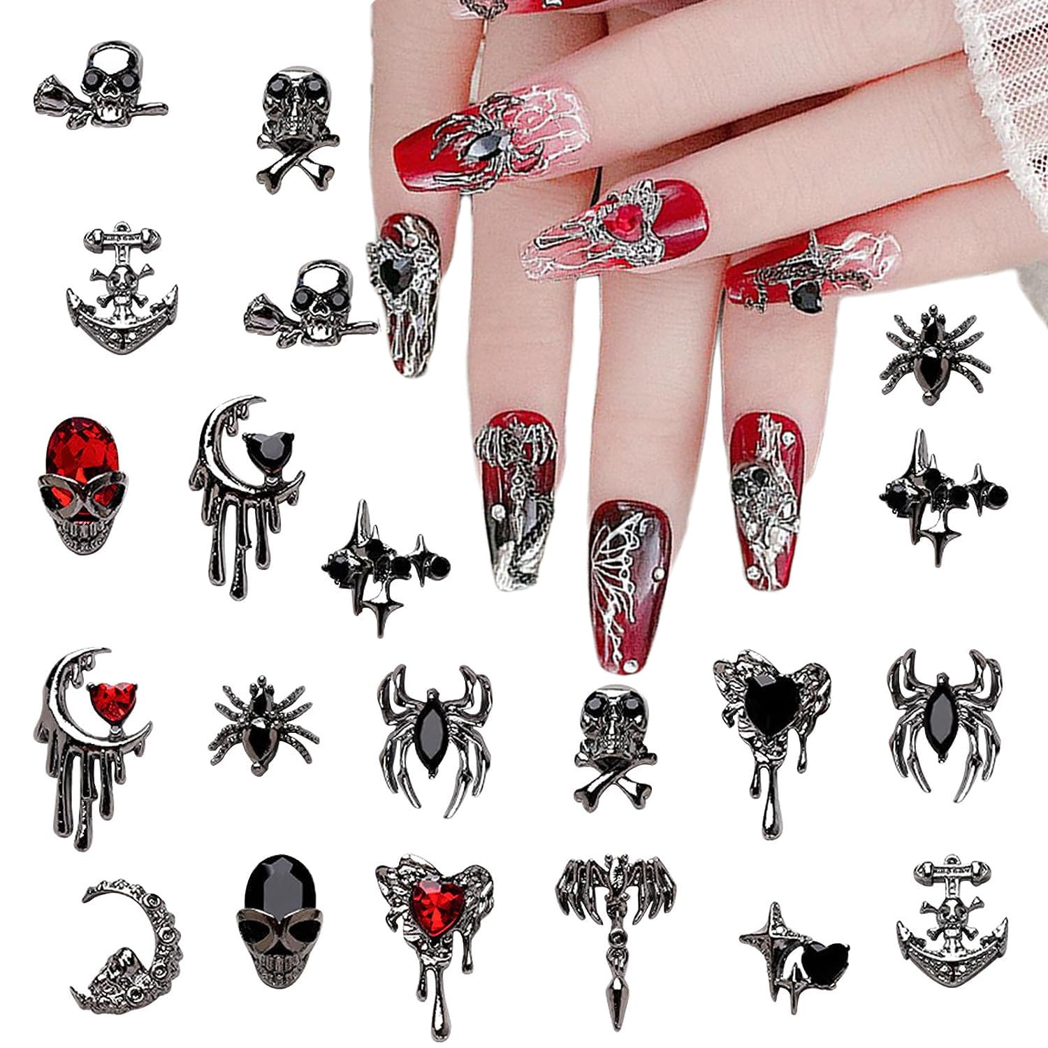 22 PCS Halloween Nail Charms 3D Alloy Nail Art Charms 3D Black Red Rhinestones Nail Supplies Skeleton Star Heart Spider Gems Cross Design for Manicure