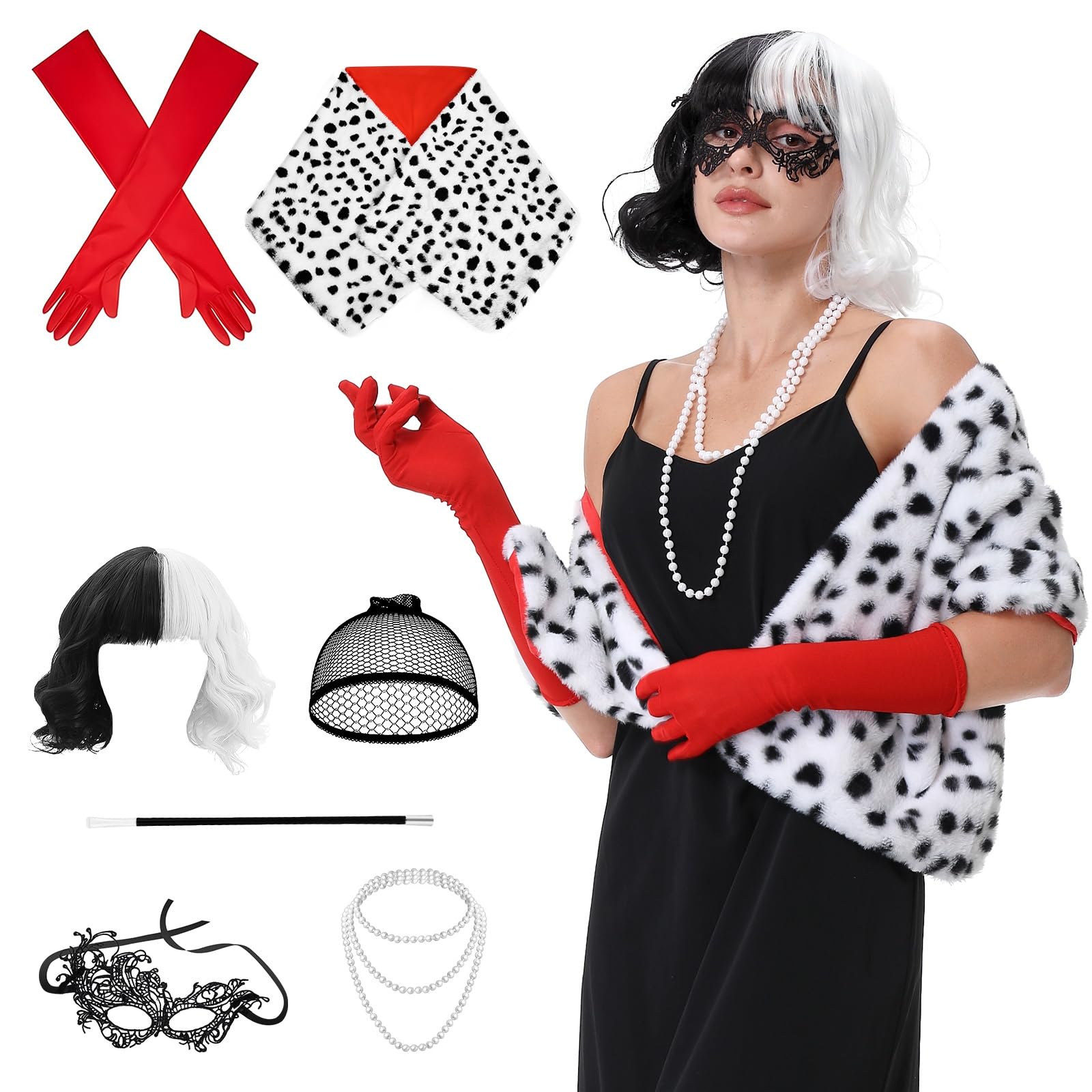 Aragallant Cruella Parrucca in Bianco e Nero, Costume Crudelia Demon Donna, Parrucca Crudelia Demon, Costume di Halloween Accessori con Guanti Rossi, Collana