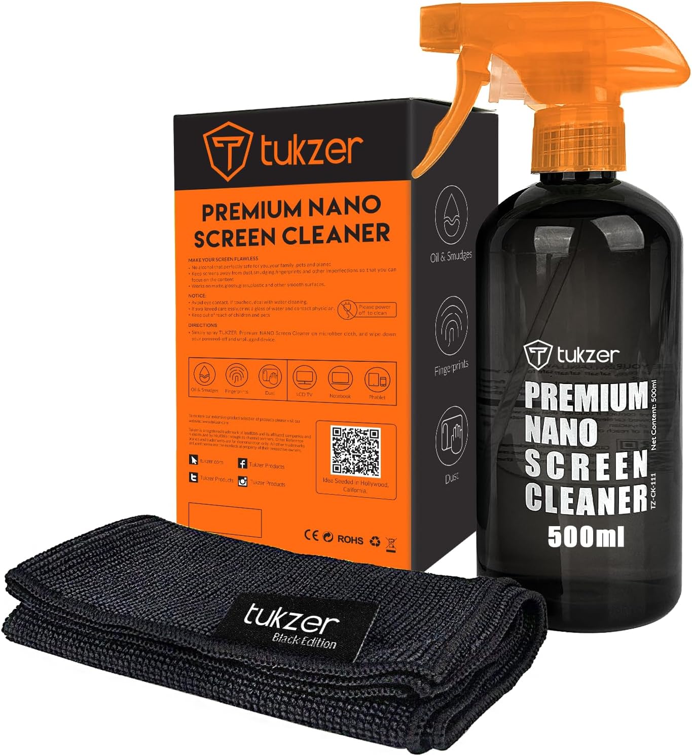 Tukzer 2-in-1 Professional Screen Cleaning Kit (500ML) for Camera, Lens, Binocular, Laptop, TV, Monitor, Smartphone, Tablet (Includes: Anti-Static Cleaning Liquid 500ml, Plush Microfiber Cloth)