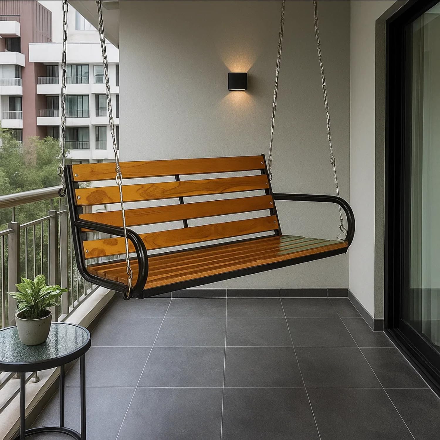 Kaushalendra Indoor Hanging Swing Jhula for Balcony - Very Strong, 350 Kg Capacity Hammock Chair with Hanging Accessory (137 CM), Wood, Brown