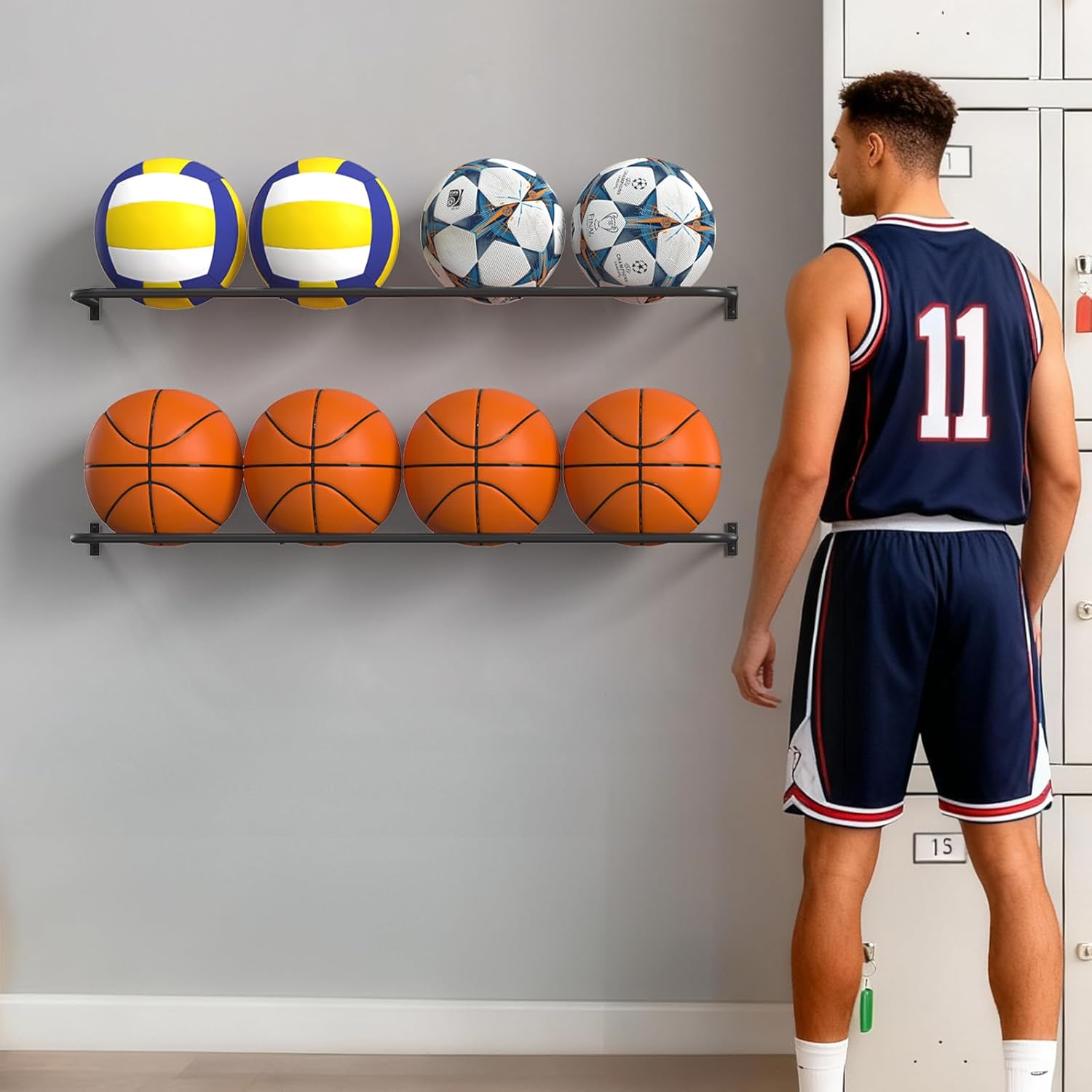 Ball Rack Wall Mount with 2 Separate Shelf, Basketball Holder Storage Wall Mount with 8 Ball Capacity, Garage Sports Equipment Organizer
