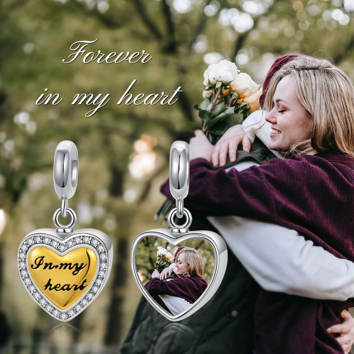 Personalized Heart Photo Cremation Urn Charm for Ashes 925 Sterling Silver Custom 2 Picture Image Bead Fit Snake Bracelet Keepsake Memorial Locket for Women Mom