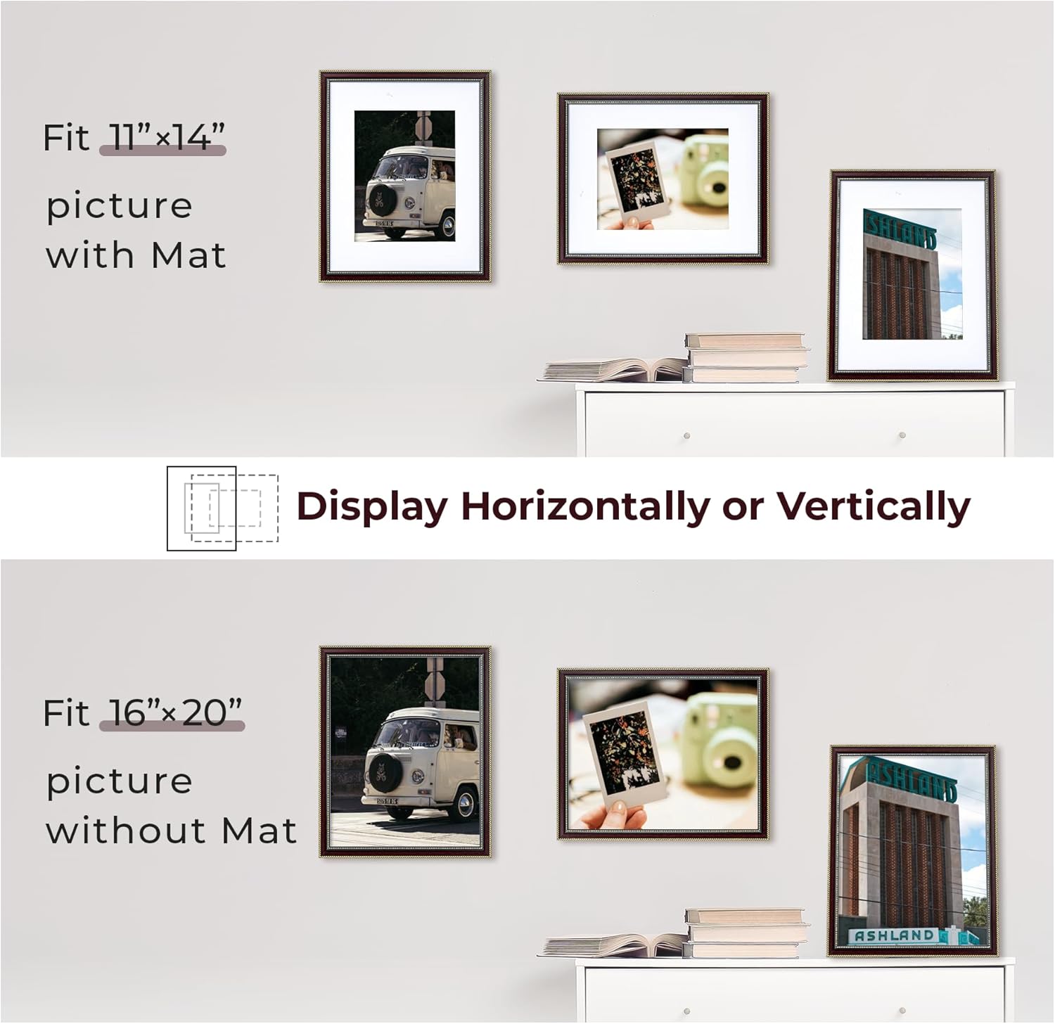 FLYJOE 16x20 Picture Frame with Mat for 11x14-16 x 20 Frame with Gold Beaded Trim - Plexiglass - Wall Mount Display Horizontally or Vertically - Hanging Hardware Included - Mahogany