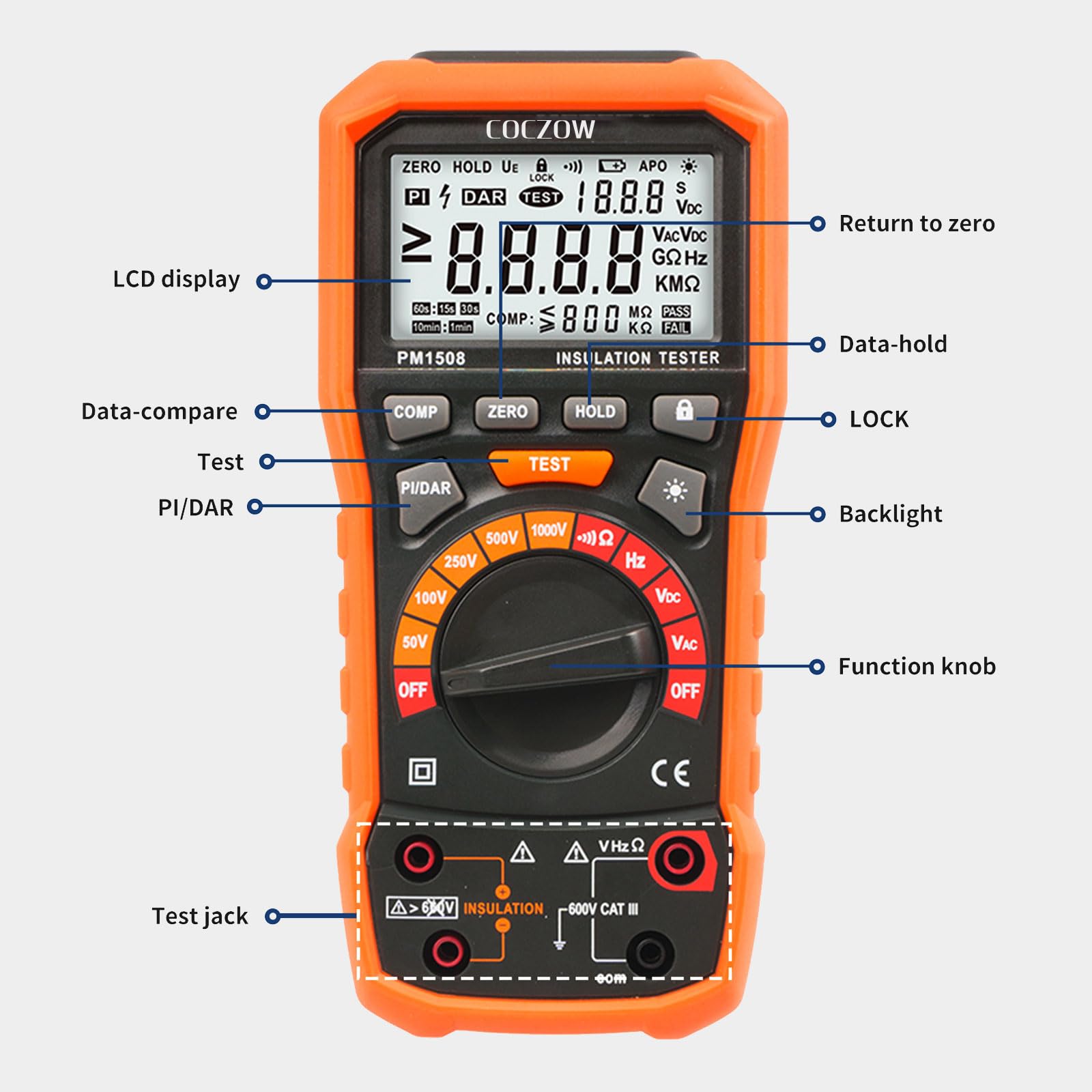 Testeur de résistance d'isolement mégohmmètre numérique 1000 V AC/DC pour appareils électriques, résistance d'isolement jusqu'à 100 GΩ, avec PI/DAR, test de fréquence et basse tension, avec écran LCD