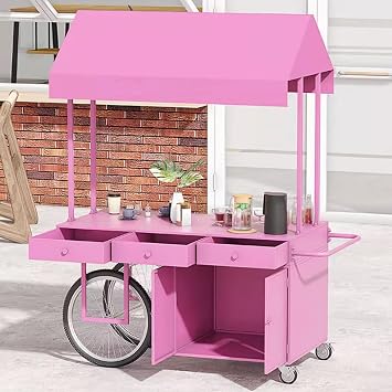 4-Wheel Portable Mobile Dining Cart, Creative Iron Market Stall with Sunshade Canopy and Storage Box, Commercial Business Street Food Vendor Cart for Dog/Ice CreamPink