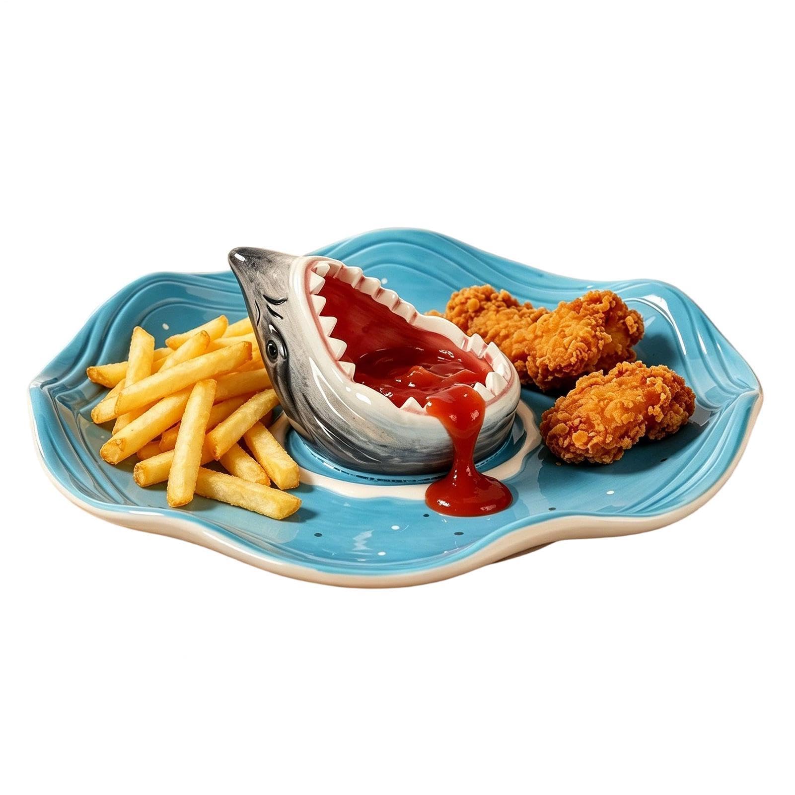 Genérico Plato de Sushi Tiburón Compartimento de Cerámica para Salsa | Bandeja Aperitivos de Cerámica Para Tabla de Charcutería, Tacos, Pescado, Queso, Hamburguesa, Salsa,