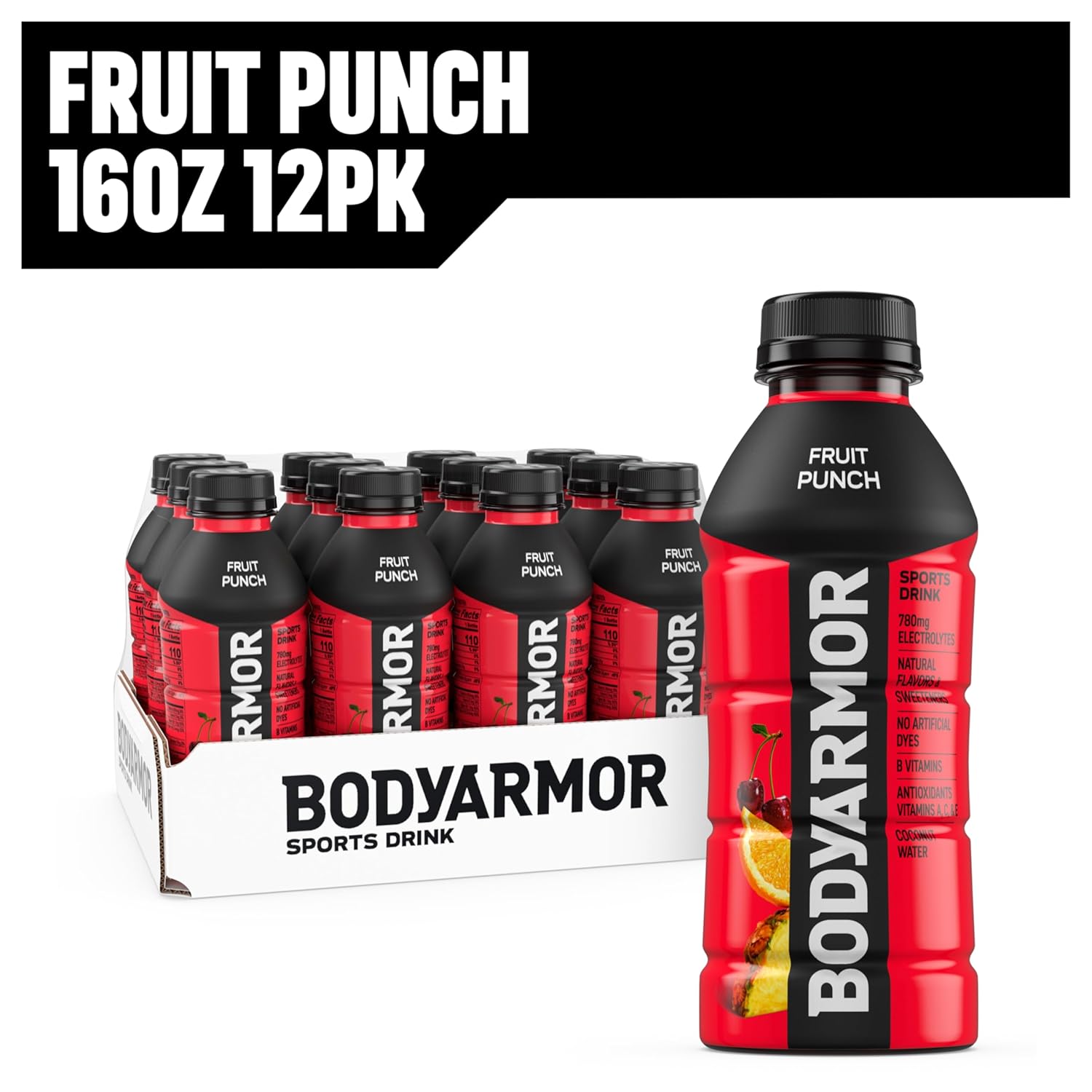 BODYARMOR Sports Drink, Fruit Punch, Electrolyte Drink Hydration, 16 Fl Oz Bottles (12 Pack), Flavored Coconut Water with B Vitamins & Antioxidants