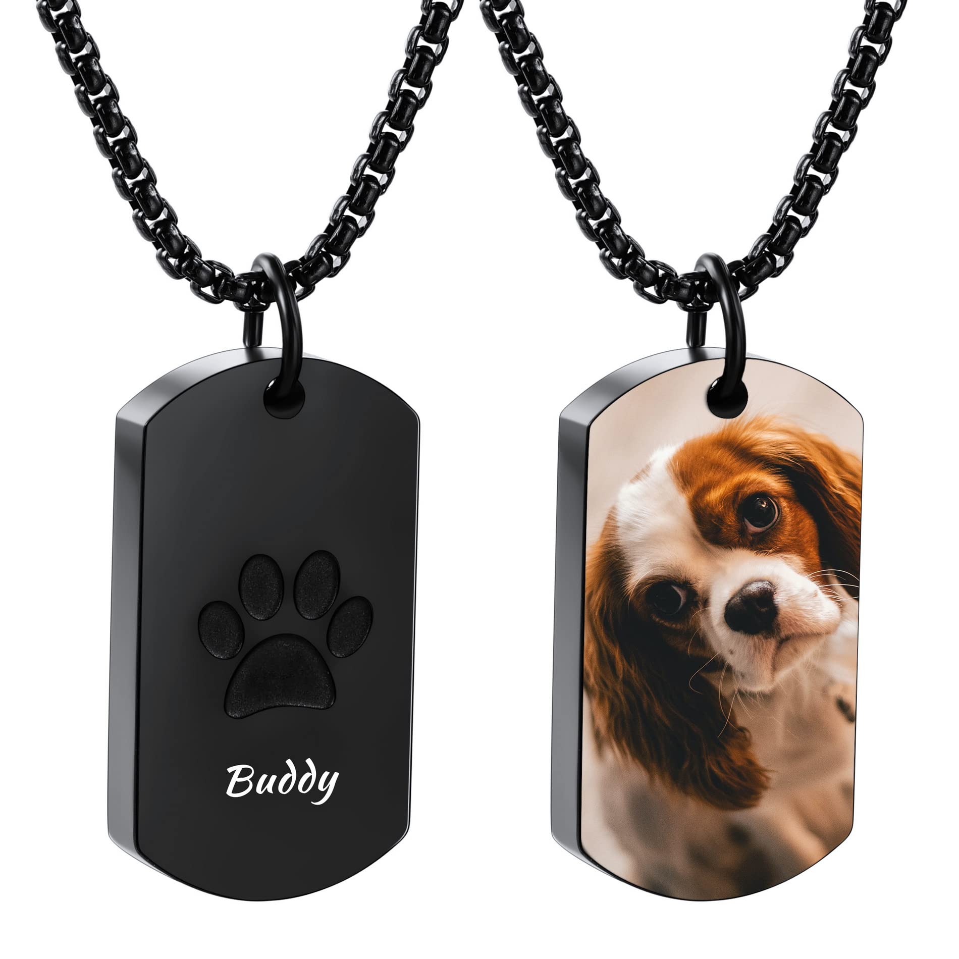 OTXIXTO Personalized Urn Necklace for Ashes Paw Print Dog Tag Pendant Necklace with Engraved Photo/Text Stainless Steel Memorial Dog Cat Pet Human Cremation Ashes Keepsake Jewelry with Funnel Fill Kit