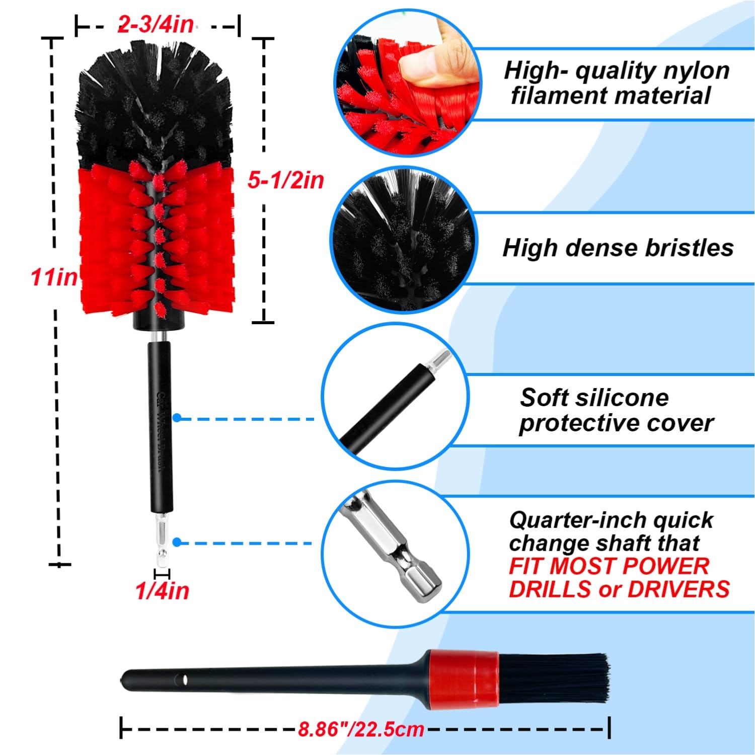 Felgenbürste Kit, Weiche Bohrer Rad Reinigungsbürste Keine Kratzer Hochdichte Auto Reinigungsbürste Set für Räder Felgen Motoren Auspuff (Rot/Schwarz, 2