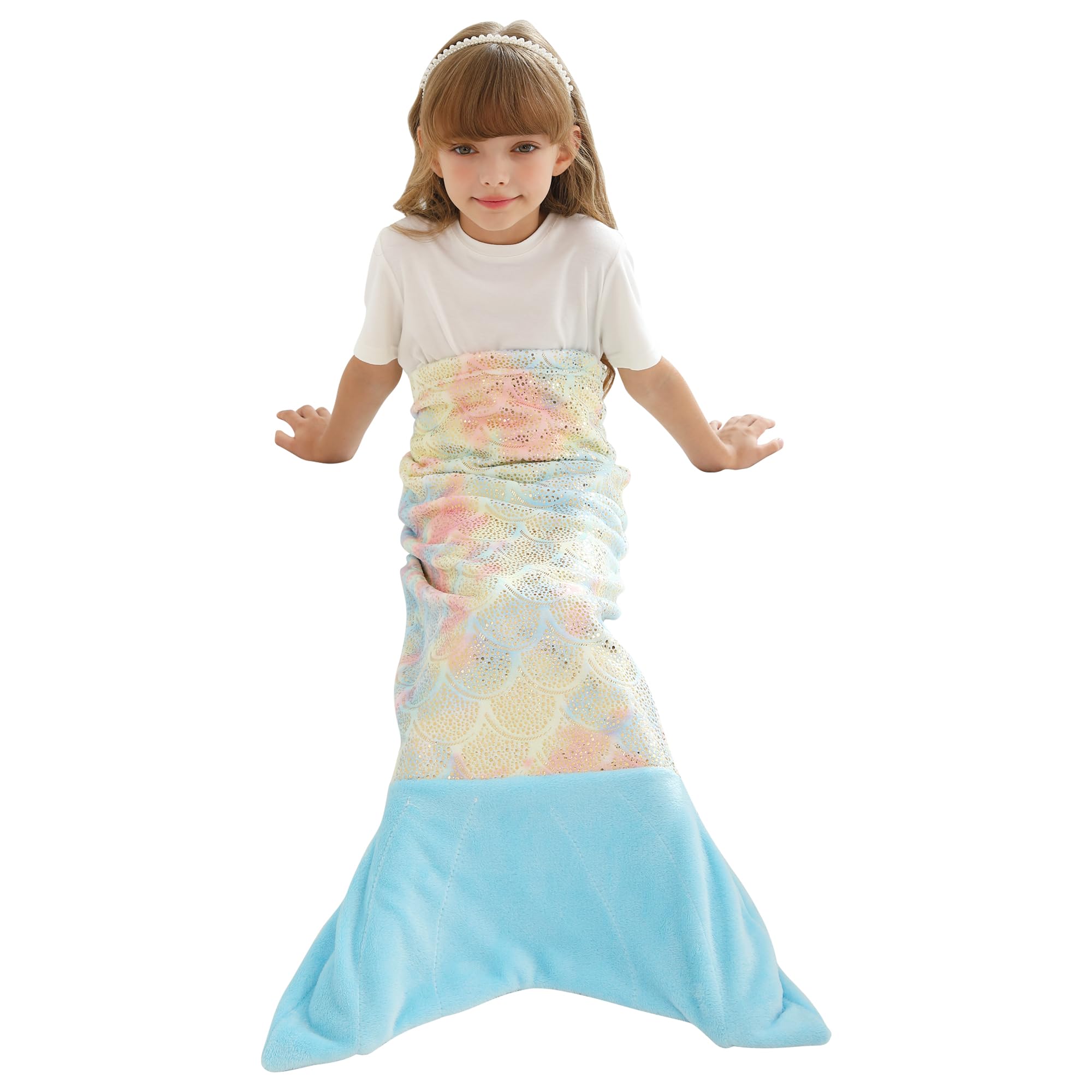 Kids Mermaid Tail Blanket,Plush Soft Flannel Fleece All Seasons Sleeping Blanket Bag,Rainbow Ombre Glittering Fish Scale Design Snuggle Blanket,Best Gifts for Girls,17"Ã—39"-image-3