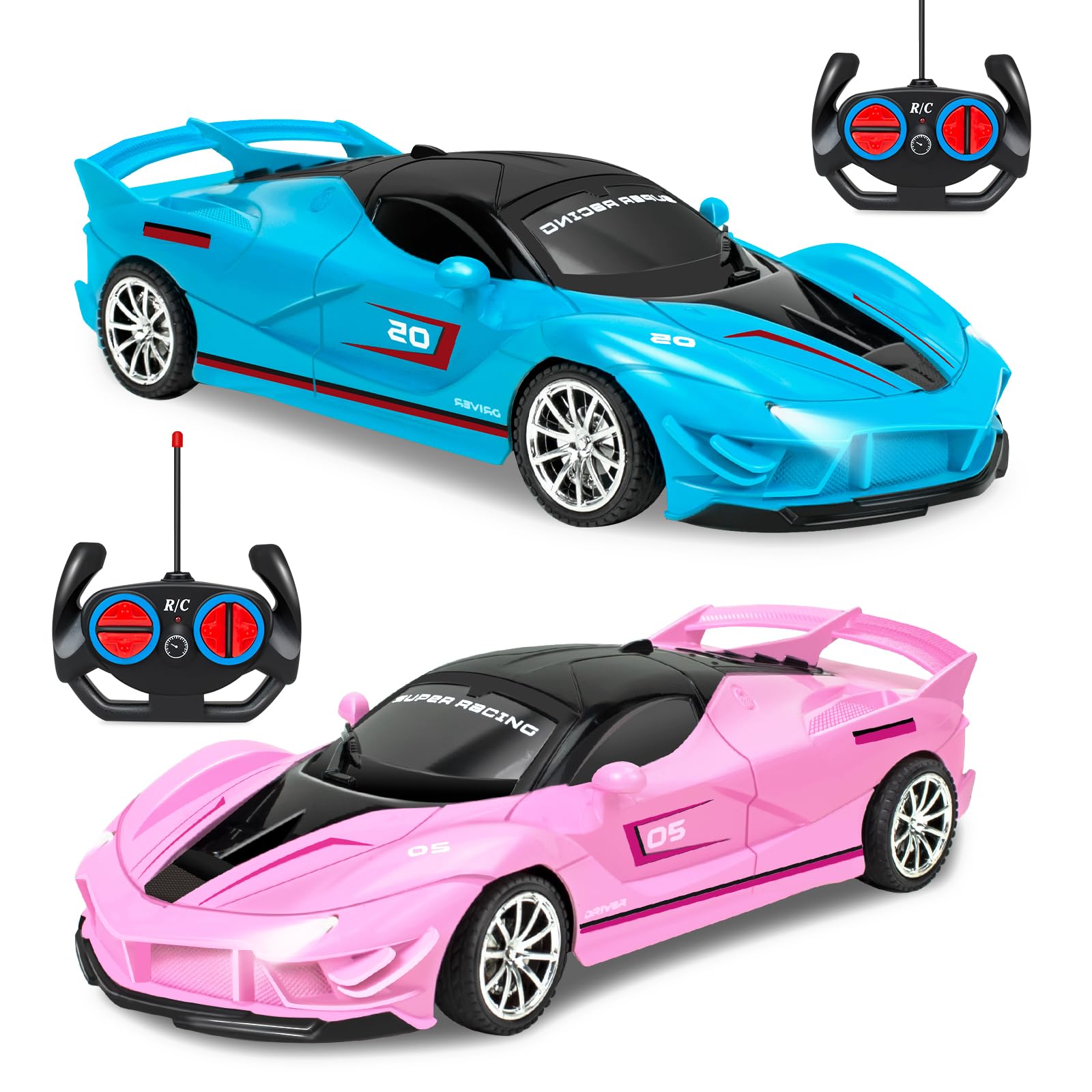 2 Pack Remote Control Car for Girls 3-5, 1:18 Scale Hobby RC Cars Toys for Kids Toddlers Age 3 4 5 6 7 8-12 Year Old- Model Sports Racing Car with Headlights Christmas Birthday Gift, Pink & Blue