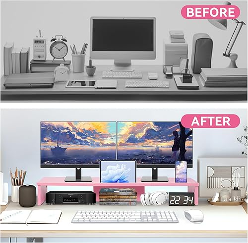 Miniatura 4 de Soporte elevador de monitor doble con luces LED y soporte para tableta de teléfono, soporte de monitor grande de 35.8 pulgadas para escritorio,