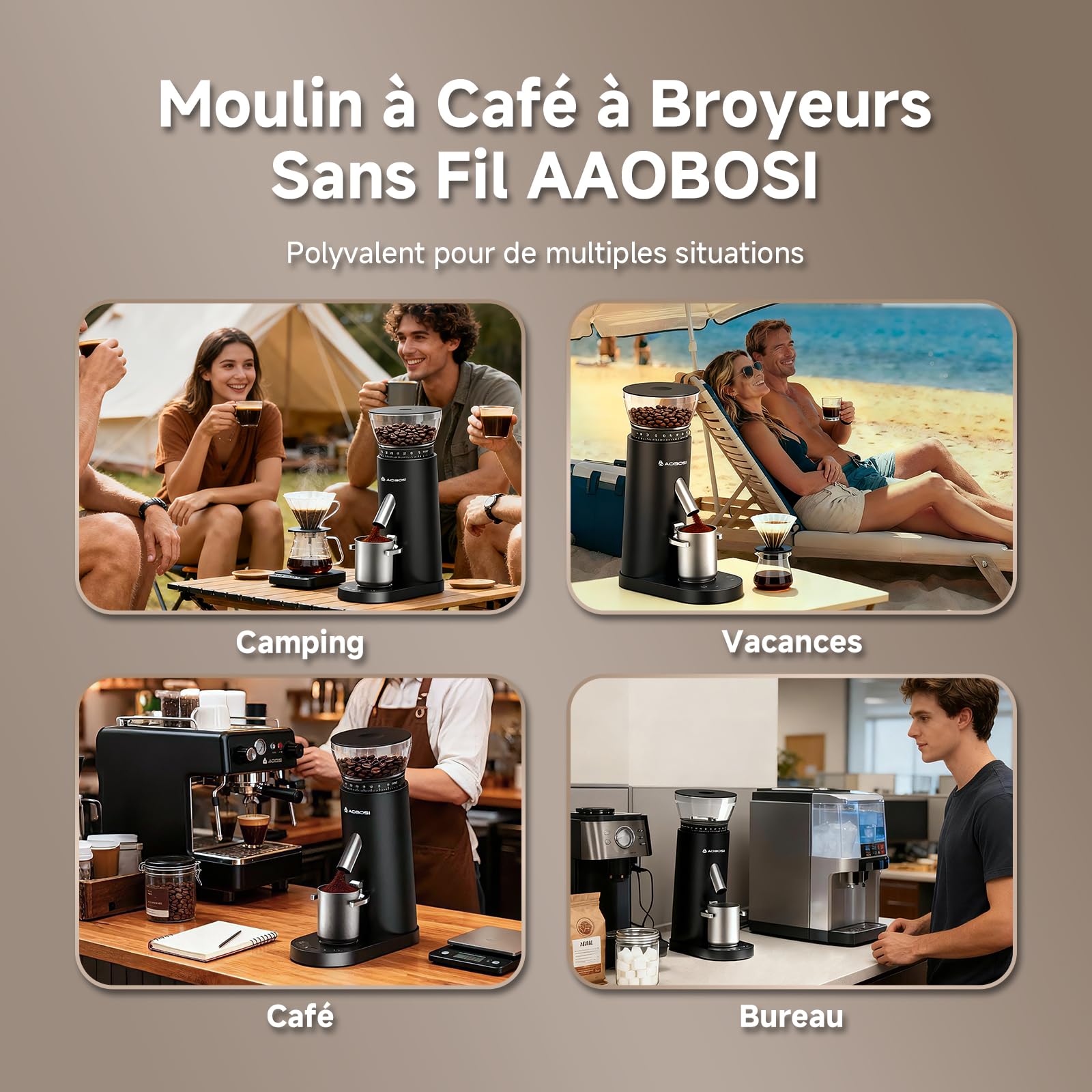 AAOBOSI Moulin à Café Electrique, Machine a Café Grain Portable 110W, Batterie 2600mAh, Broyeur Cafe Grain de 60 Réglages de Mouture Individuels, avec Porte-filtre pour Machine à Café Espresso