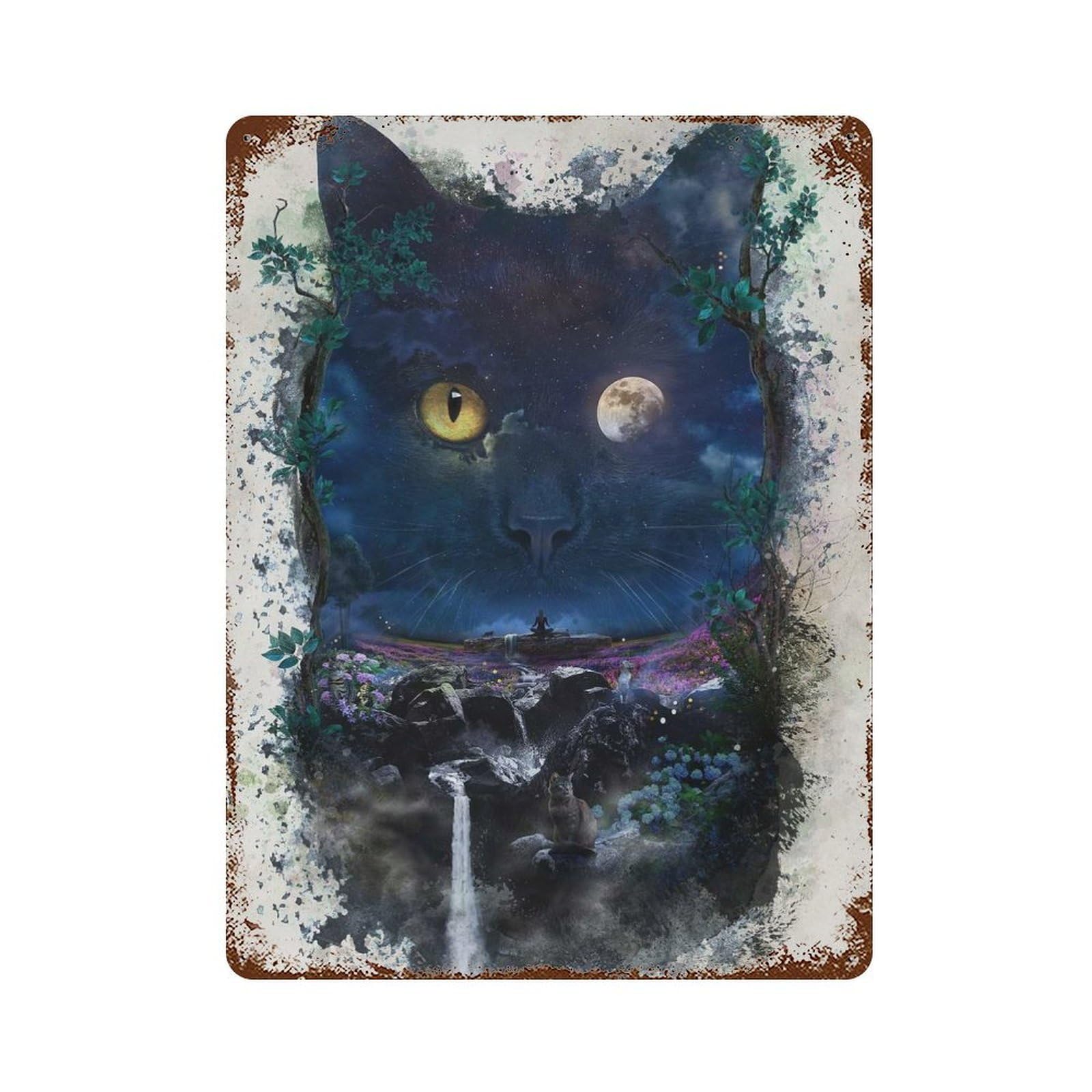 Night Cat Distressed Metal Wall Sign 15.7"x11.8", Rustic Home Decor for Living Room, Hallway And Home Decor
