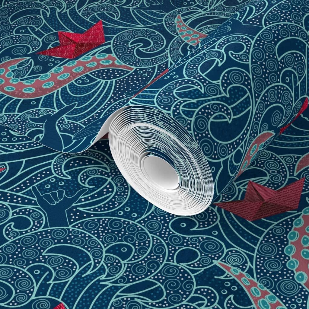 Spoonflower Commercial Grade Wallpaper Swatch - Octopus Ocean Small Print Japanese Hawaii Wave Nautical Traditional Wallpaper