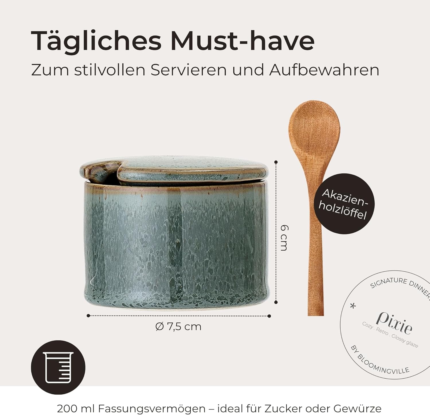 Bloomingville Pixie 22063928 Jar with Lid and Spoon, Green/Brown, Acacia Spoon, Capacity 200 ml, Dishwasher Safe, Storage