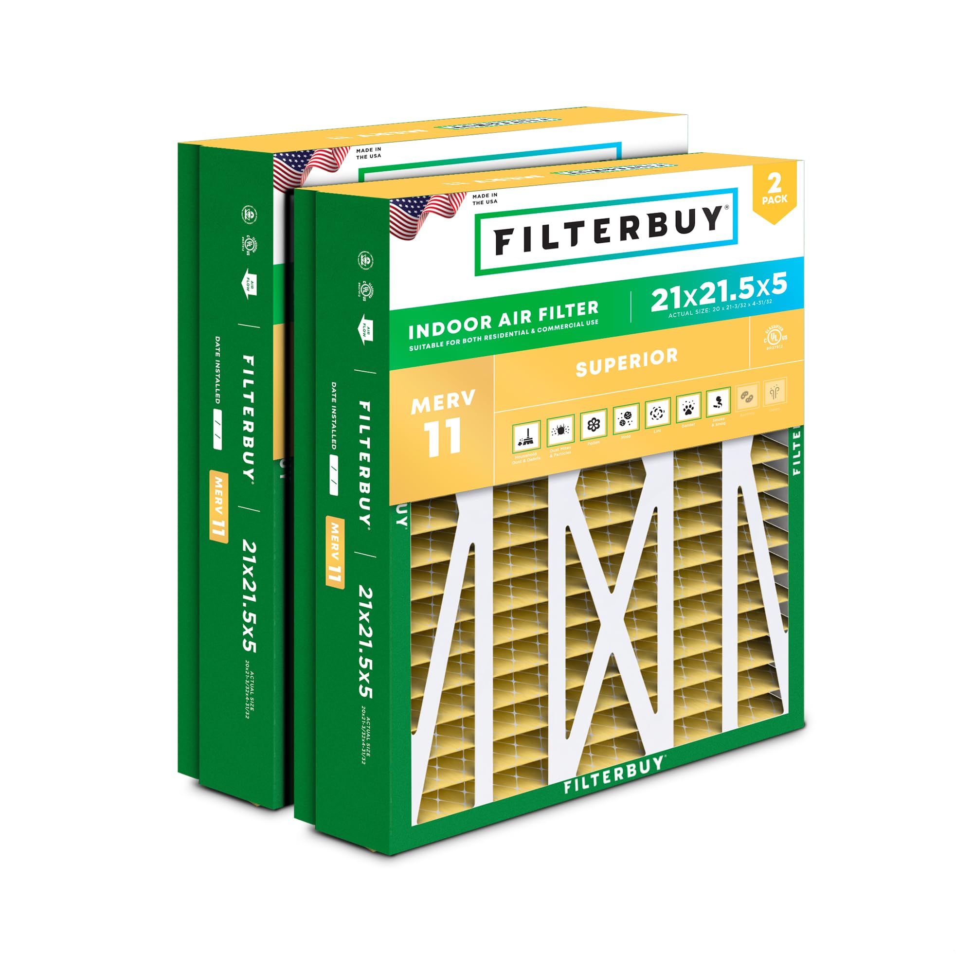 Filterbuy 21x21.5x5 Air Filter MERV 11 Allergen Defense (2-Pack), Pleated HVAC AC Furnace Air Filters Replacement for Trane Perfect Fit & American Standard (Actual Size: 20.00 x 21.09 x 4.97 Inches)