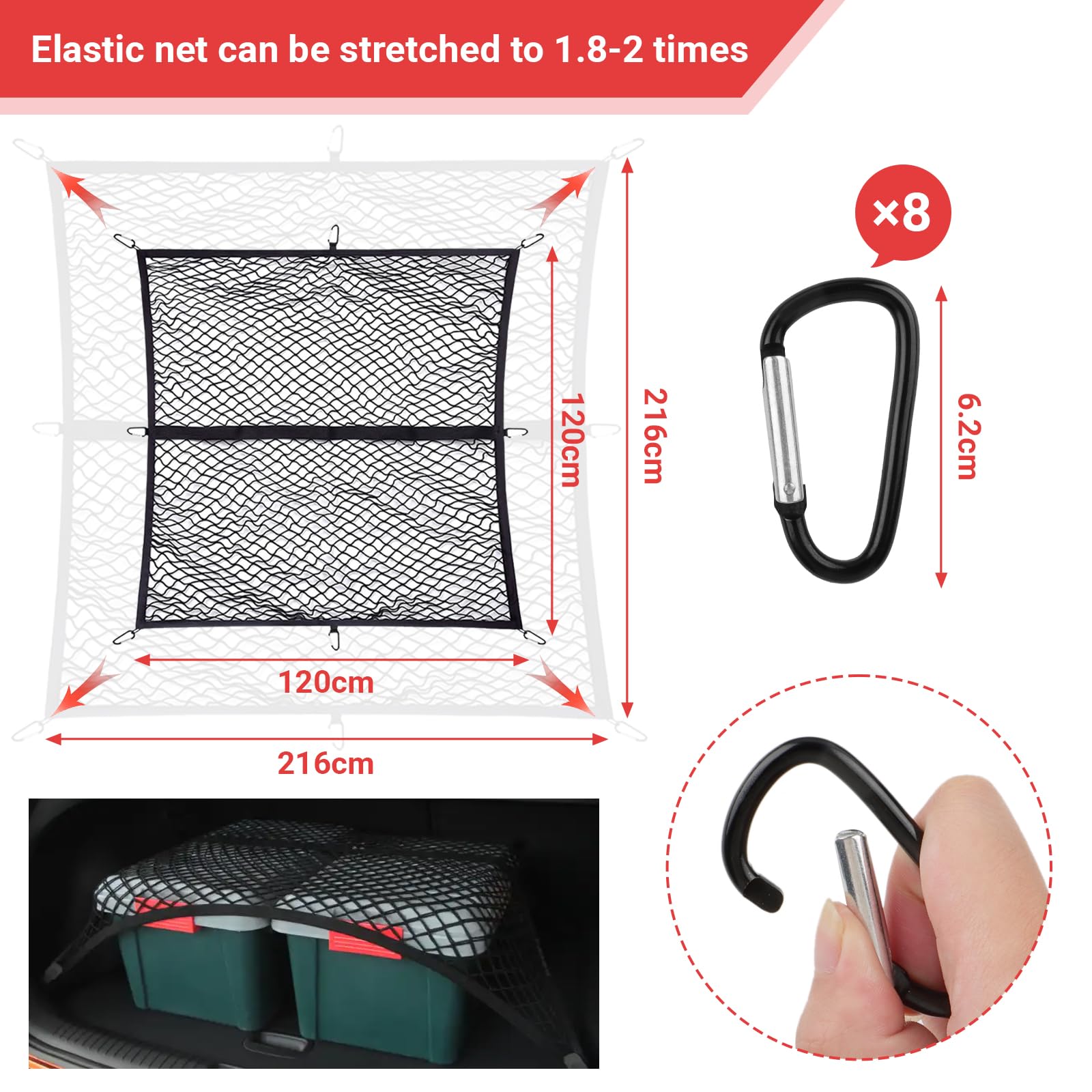 Filet de coffre de 1,2 x 1,2 m extensible jusqu'à 2,1 m x 2,1 m - Filet à bagages hautement élastique - Filet de sécurité pour coffre - Avec 8 mousquetons en acier - Pour la plupart des