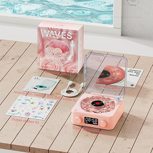 Miniatura 7 de The Waves - Reproductor de vinilo con Bluetooth con 3 luces ambientales ajustables, reproductor de discos portátil altavoz de vinilo rosa con ruido
