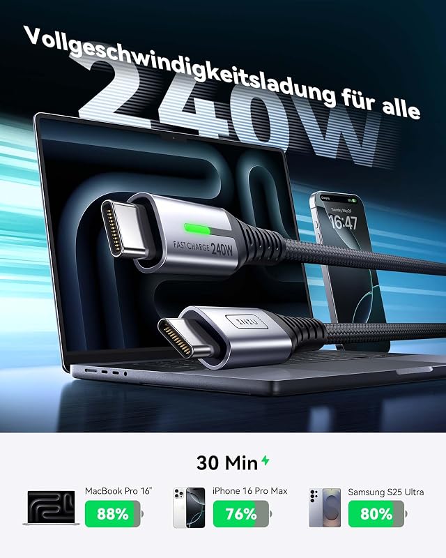 INIU 240W USB C Kabel, [2 Stück 2m] PD Schnellladekabel USB C auf USB C Kabel, Nylon Geflochten Ladekabel USBC für iPhone 17 16 15 Pro Max Samsung Galaxy S25 S24 Ultra Pixel 10 9a iPad Pro MacBook Air