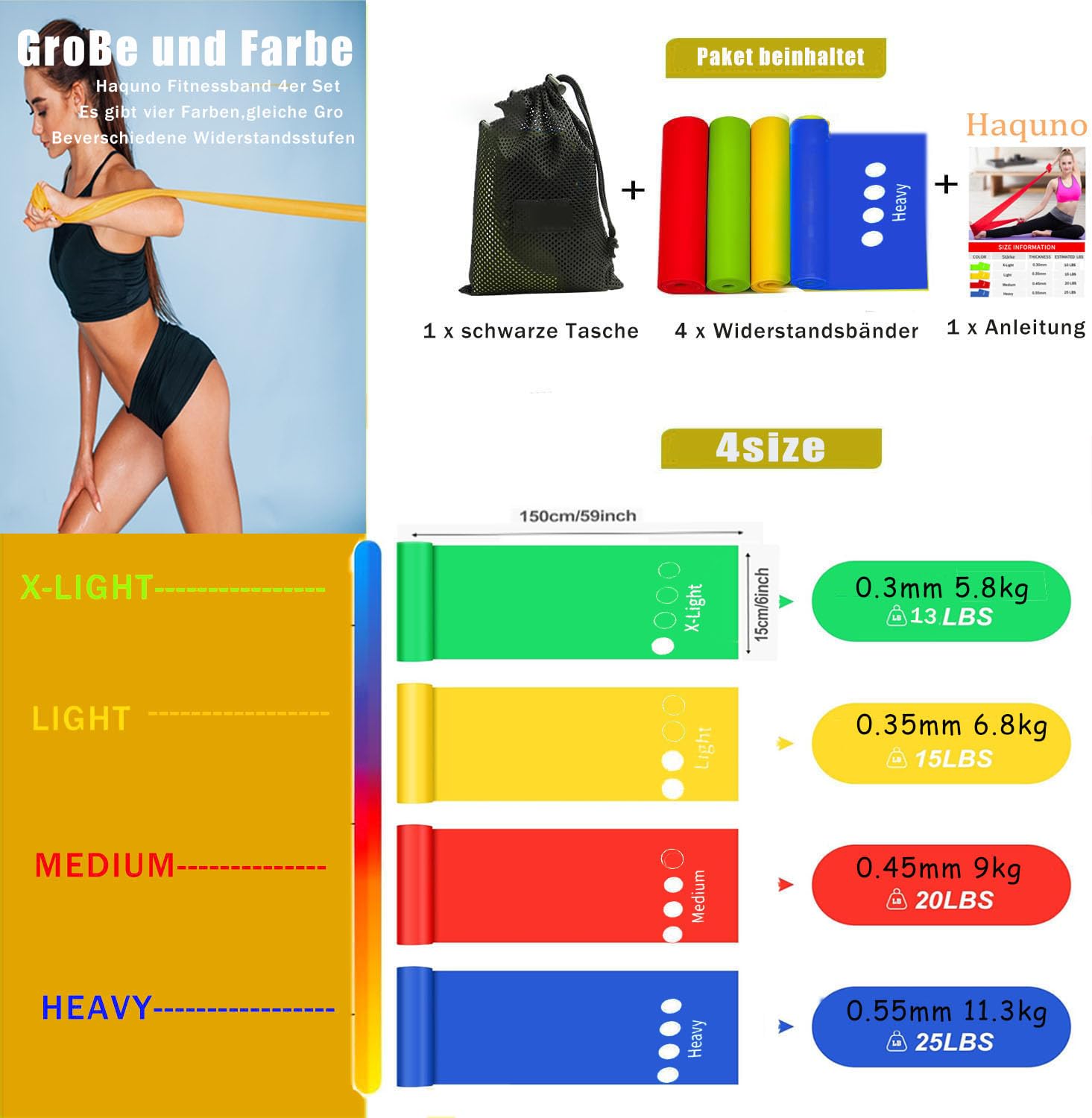 Haquno [4 Pezzi] Elastici Fitness, 1.5M/1.8M Banda Elastica Fasce Resistenza,4 Livelli di Resistenza, Fasce Elastiche Fitness per Donne o Uomini,Ideale per, Yoga, Pilates, Allenamento di Forza