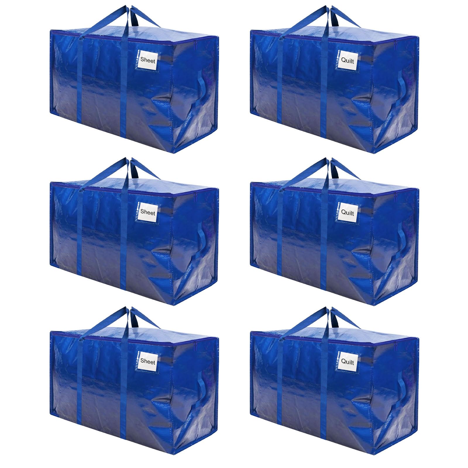 RICHIE Heavy Duty Extra Large Moving Bags with Reinforced Handle and Double Zipper - Waterproof Storage Box with Tag Window - for Christmas Decorations, Moving & Travel, 90L (Blue, 6 Packs)