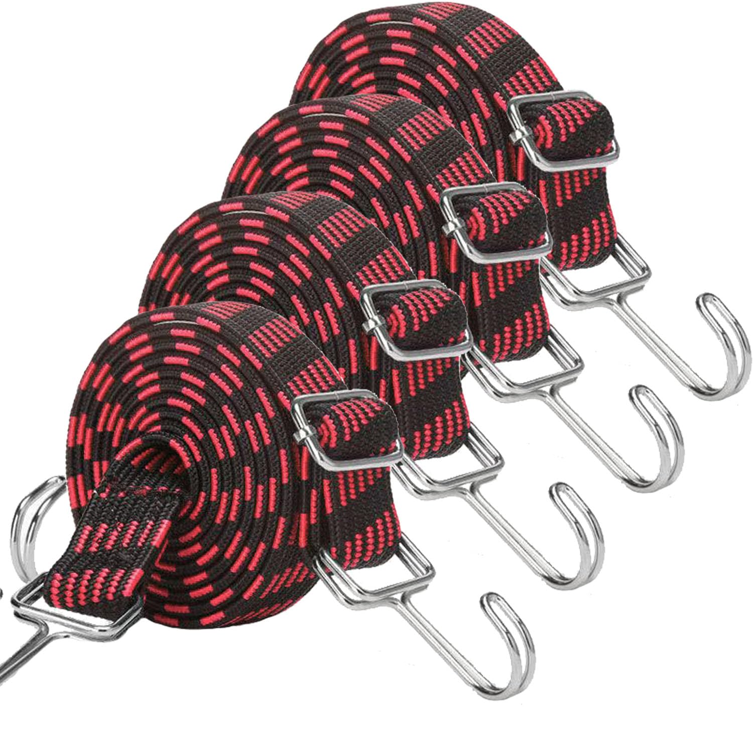 JETAINE Bungee Cords with Hooks, 4PACK Adjustable Bungee Strapes, 200cm Heavy Duty Elastic Rope Long Flat Cord for Bike Luggage Rack Camping Tent Car Roof Rack Fixings,Red