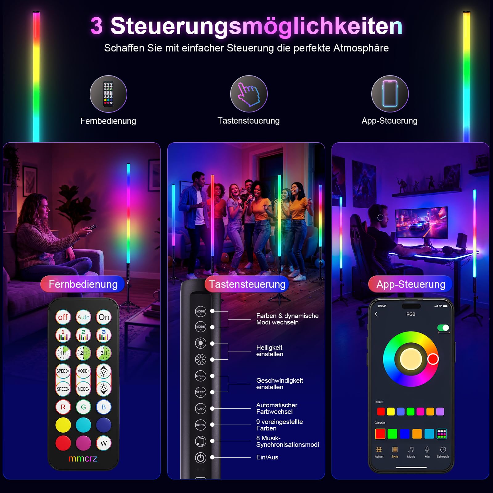 RGB LED Lichtstäbe 4er Set mit Stativ, 120 cm LED Videoleuchte, Musikmodus, 5200 mAh Akku, App- & Fernbedienung, Dimmbare RGB Fotolampen für Streaming, DJ, Party
