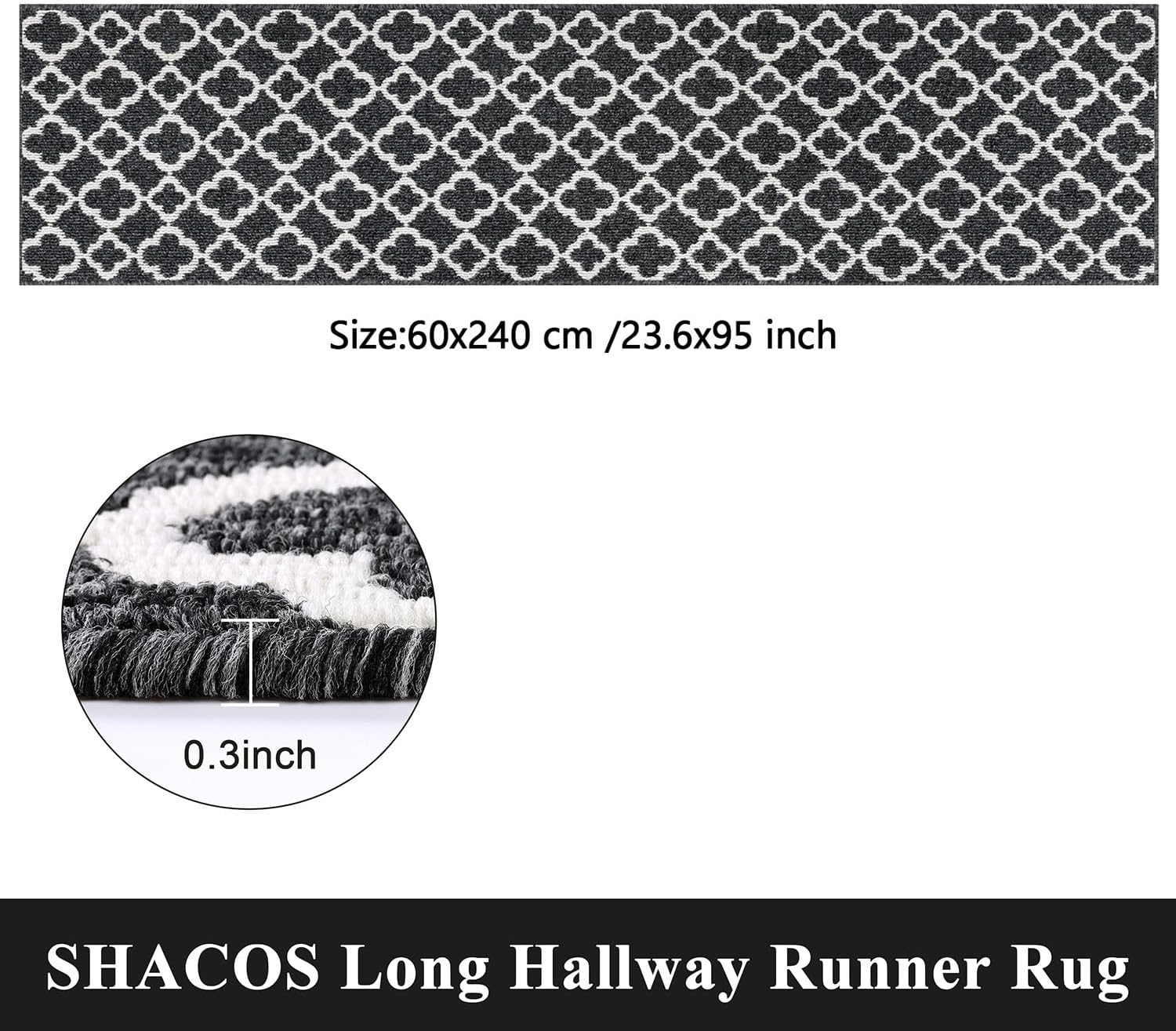 SHACOS Rug Runner Hallway Long 60 x 240 cm Carpet Runner Hallway Non-Slip Corridor Rug Runner Hallway Washable Hallway Runner Long Kitchen Rug Washable Rug Runner for Hallway, Kitchen - Black