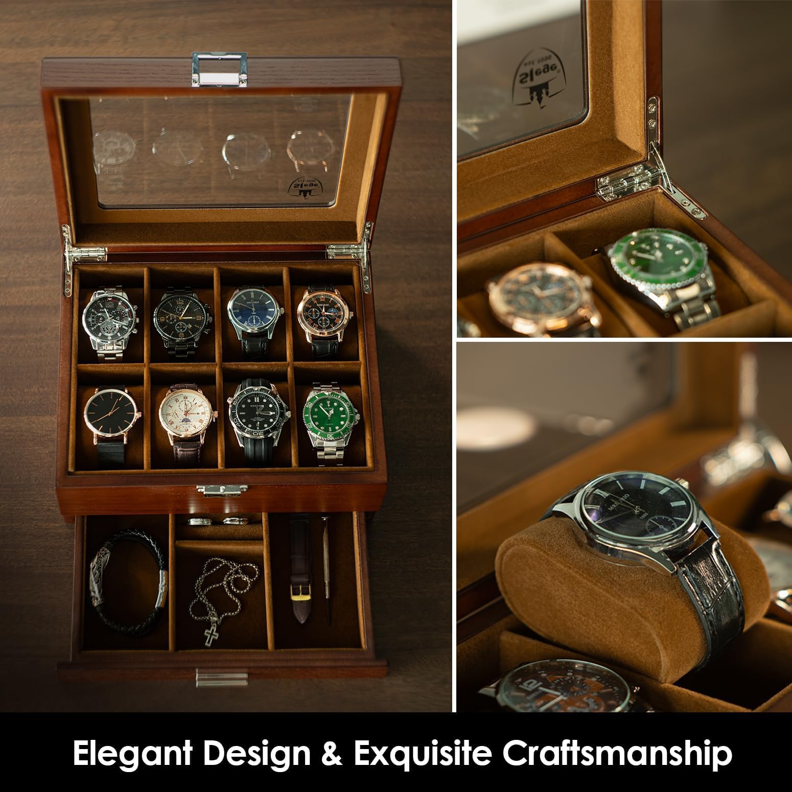 Slege Porta Orologi in Legno a 8 Posti,Scatola Portaorologi a 2 Livelli,Fatto Mano Elegante Scatola per Orologi,Coperchio in Vetro,Fodera Morbida,Cuscini Rimovibili,Regalo per Uomini e Donne,Watch Box