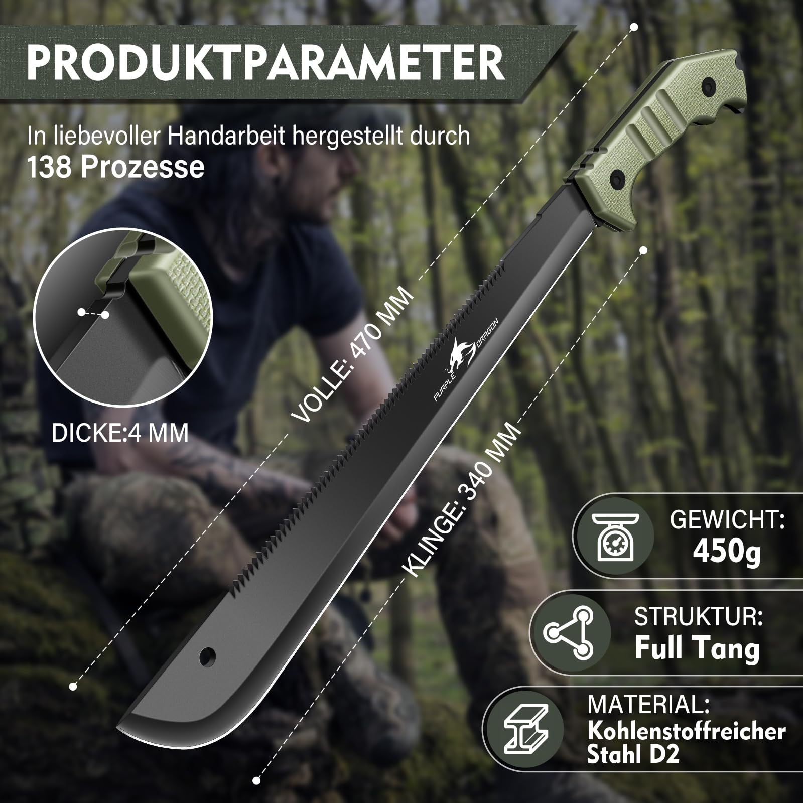 Purple Dragon Machete mit Säge und Scheide für Garten - Großes Messer Outdoor für Wald - Full Tang Messer aus einem Stück D2 Stahl gefertigt - Geschenke für Männer
