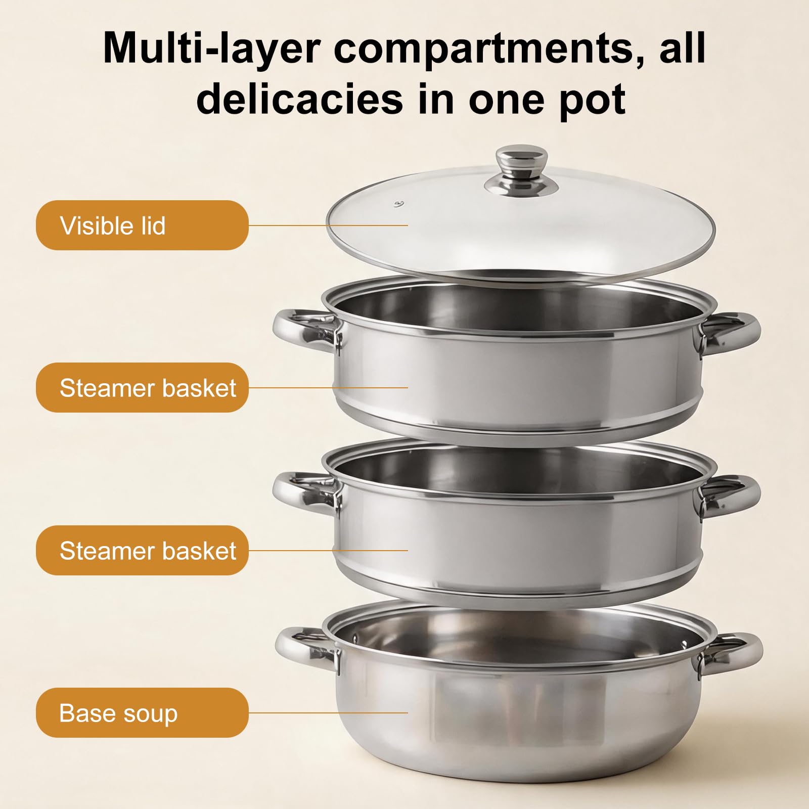 Cuiseur vapeur en acier inoxydable de 28 cm avec 3 inserts vapeur, couvercle en verre et pince à vapeur, pour tous les types de feux, pour la cuisson des légumes, des fruits de mer, des soupes, des