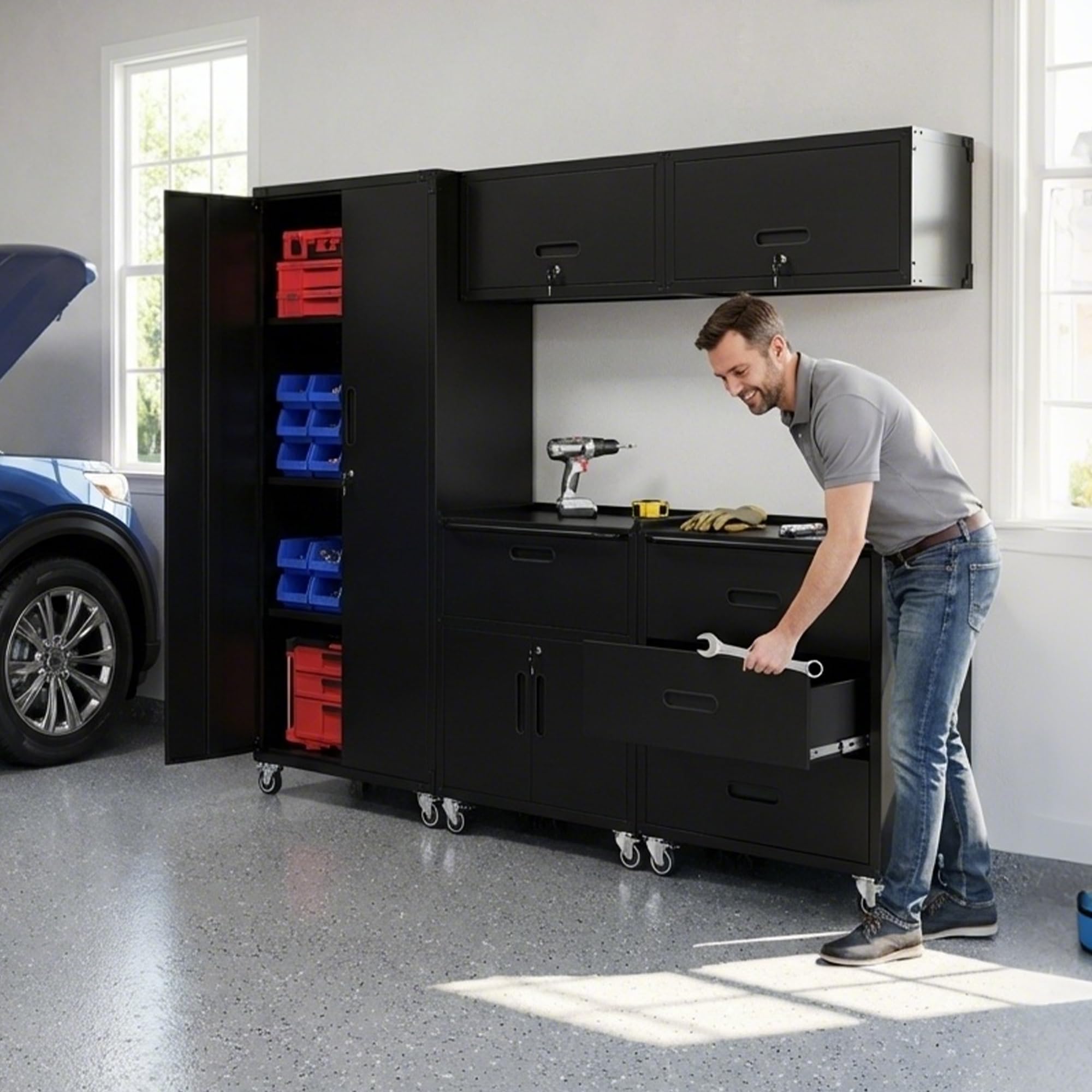 Garage Cabinet System | Heavy Duty Steel All-in-One Modular Garage Cabinet Set for Ultimate Workshop Organization | Easy Assembly Garage Storage Cabinets &amp; Tool Bench